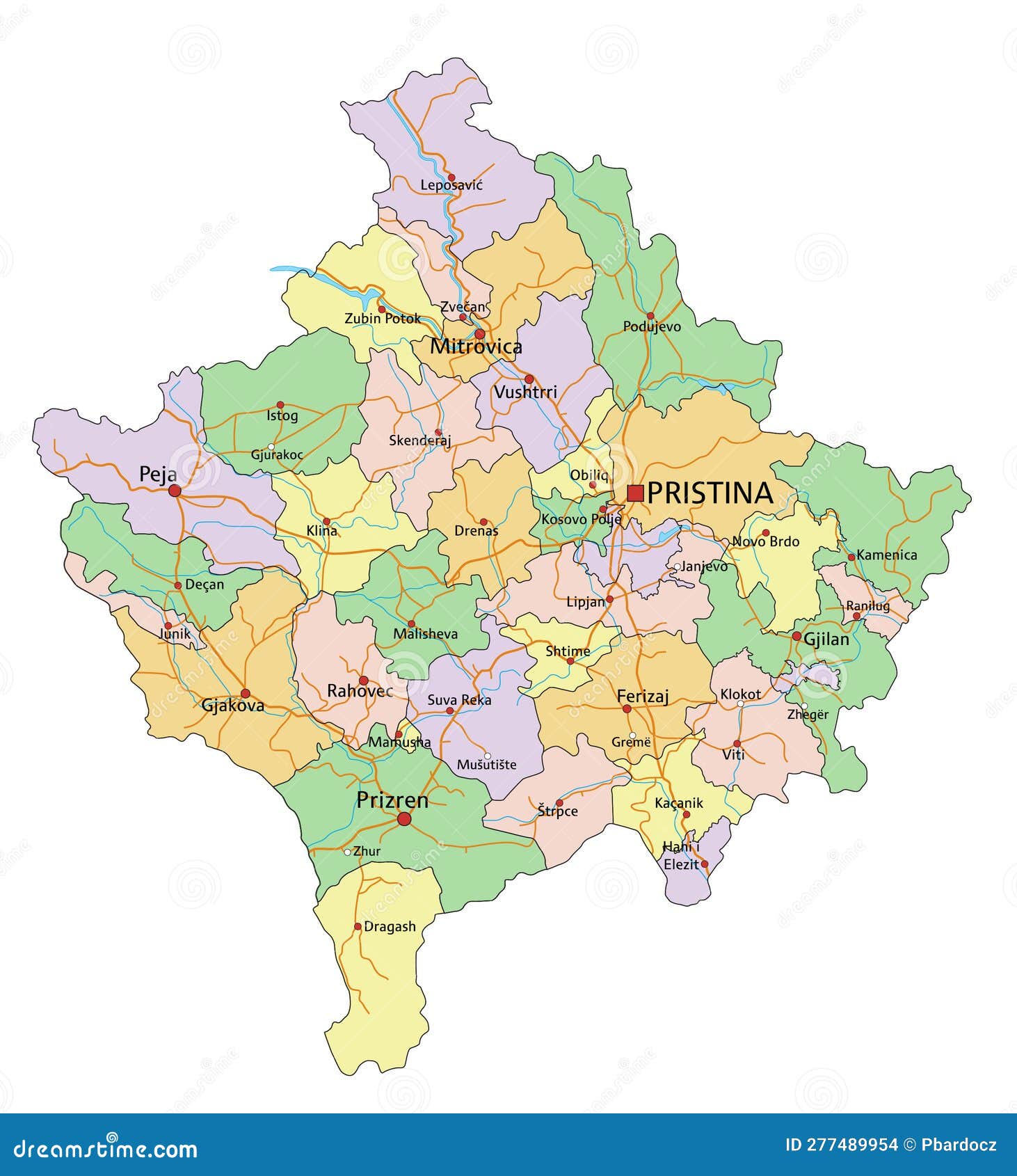 Kosovo детально редактируемая политическая карта с маркировкой. Иллюстрациявектора - иллюстрации насчитывающей политическо, политика: 277489954