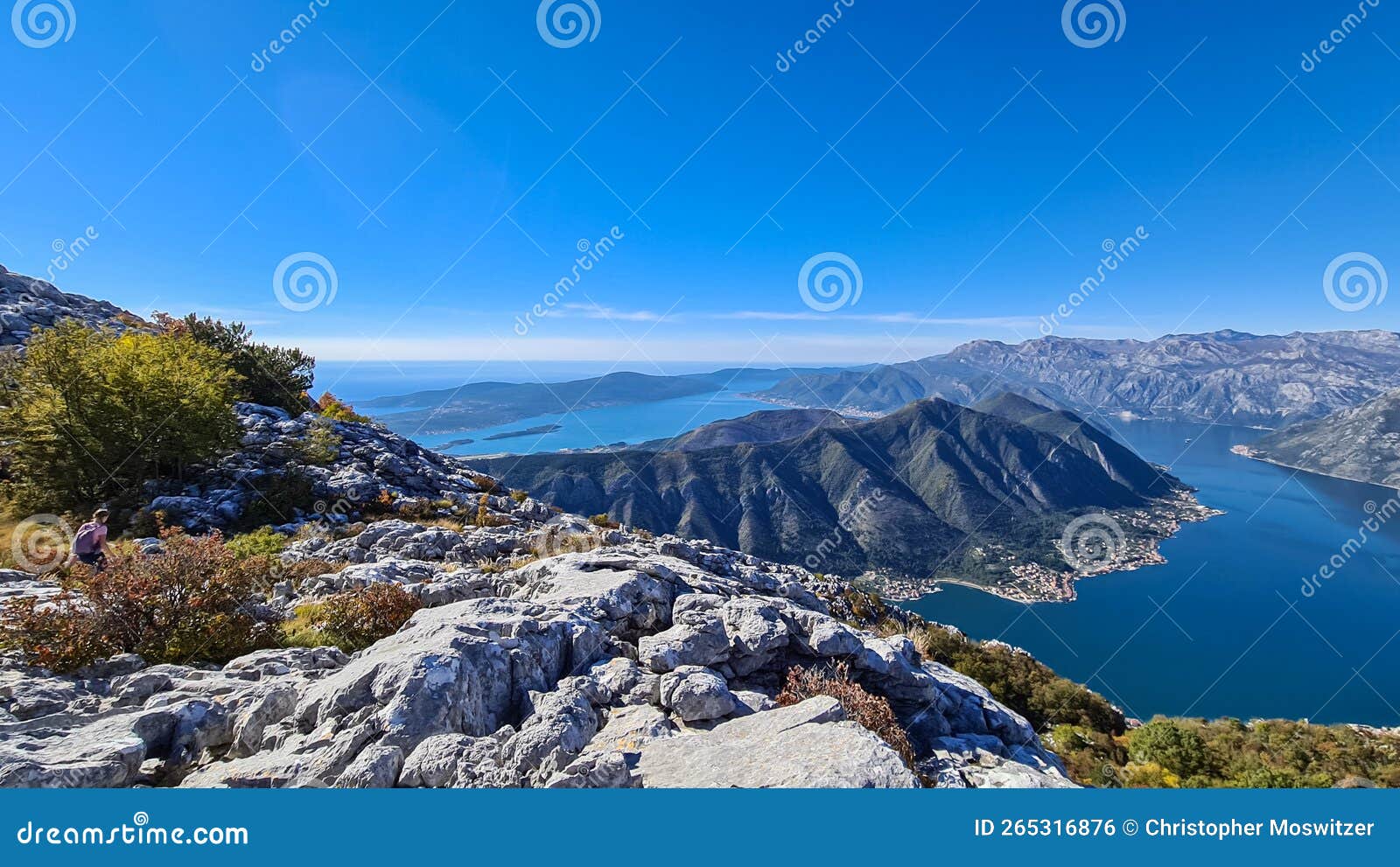 kotor - panoramic view from derinski vrh of kotor bay on sunny summer day, adriatic mediterranean sea, montenegro