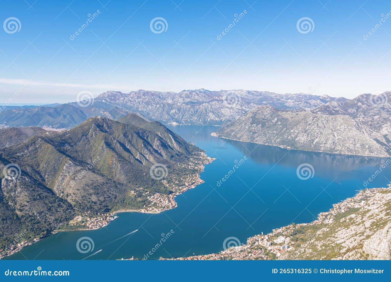 kotor - panoramic view from derinski vrh of kotor bay on sunny summer day, adriatic mediterranean sea, montenegro