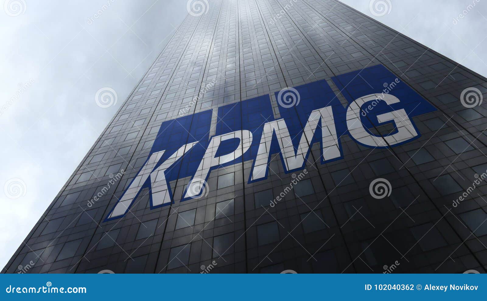 KPMG Logo on a Skyscraper Facade Reflecting Clouds. Editorial 3D