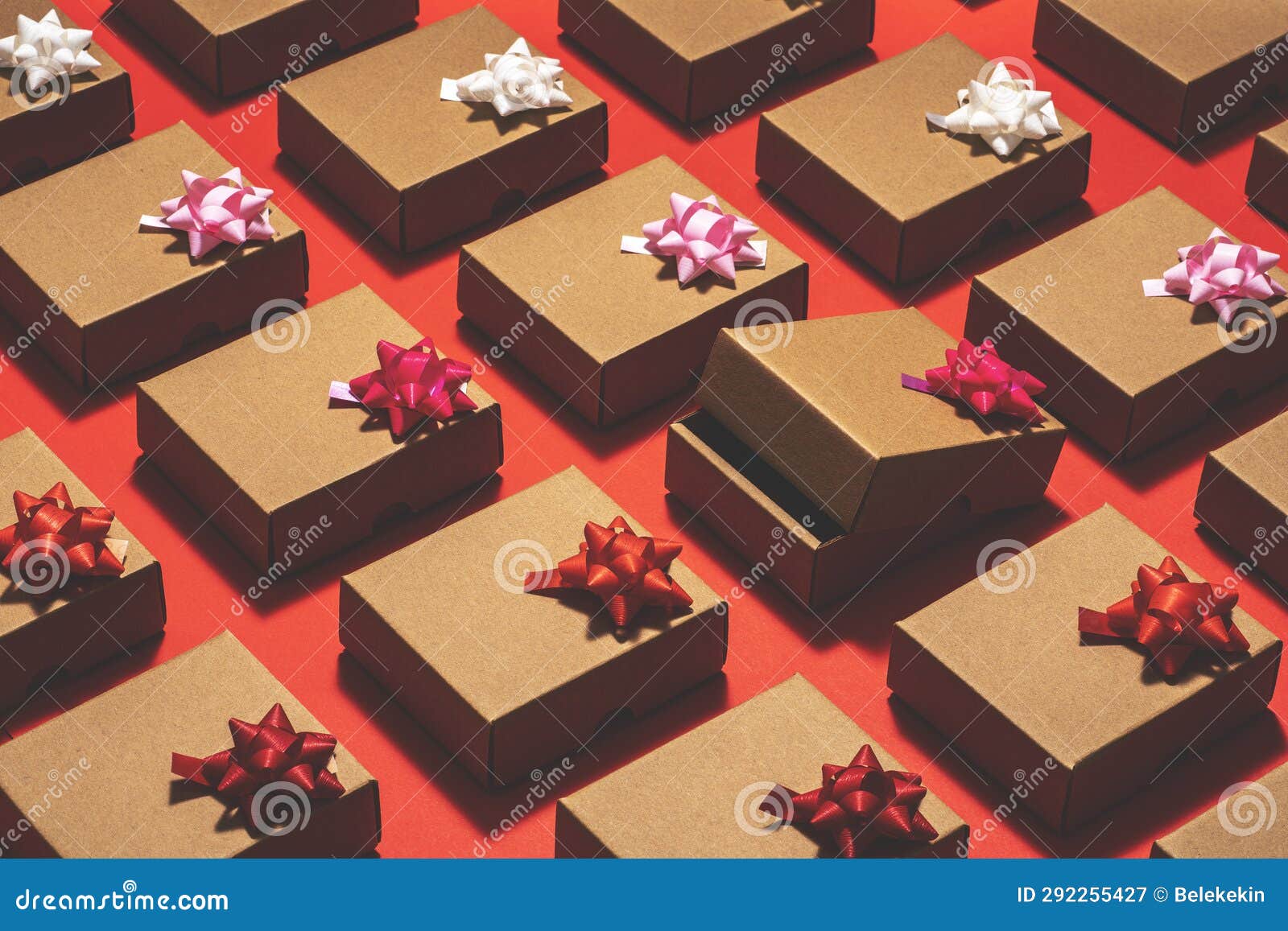 Kraft Paper Gift Boxes Flat Lay on Red Background Stock Image Image of shopping, gift 292255427
