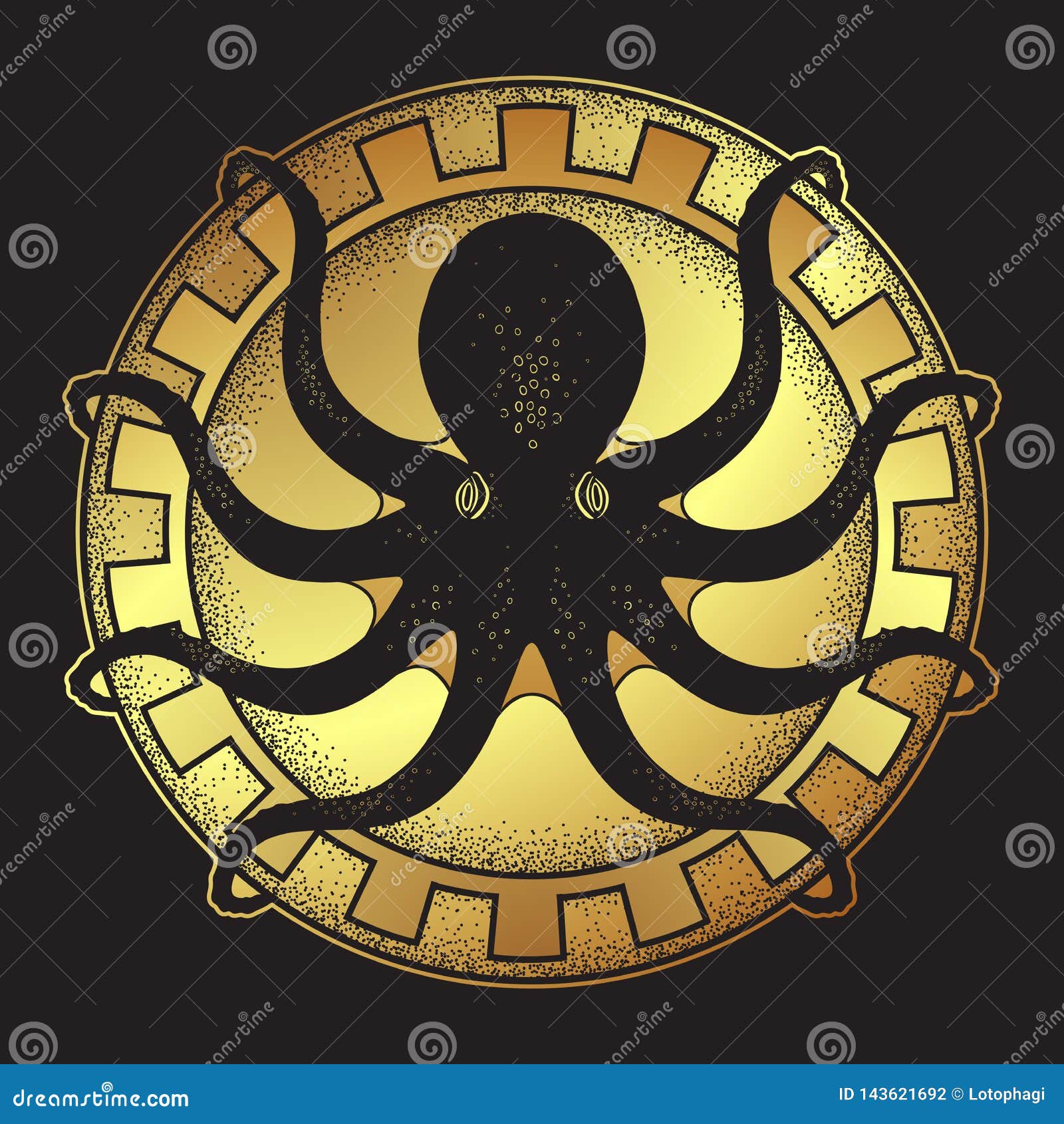 kraken on shield hand drawn black and gold line art and dot work  vetor 