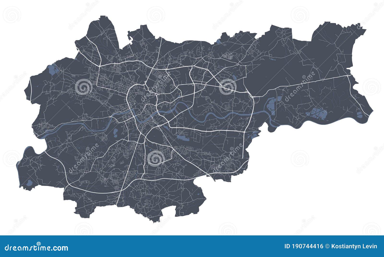 krakow map. detailed map of krakow city poster with streets. dark 