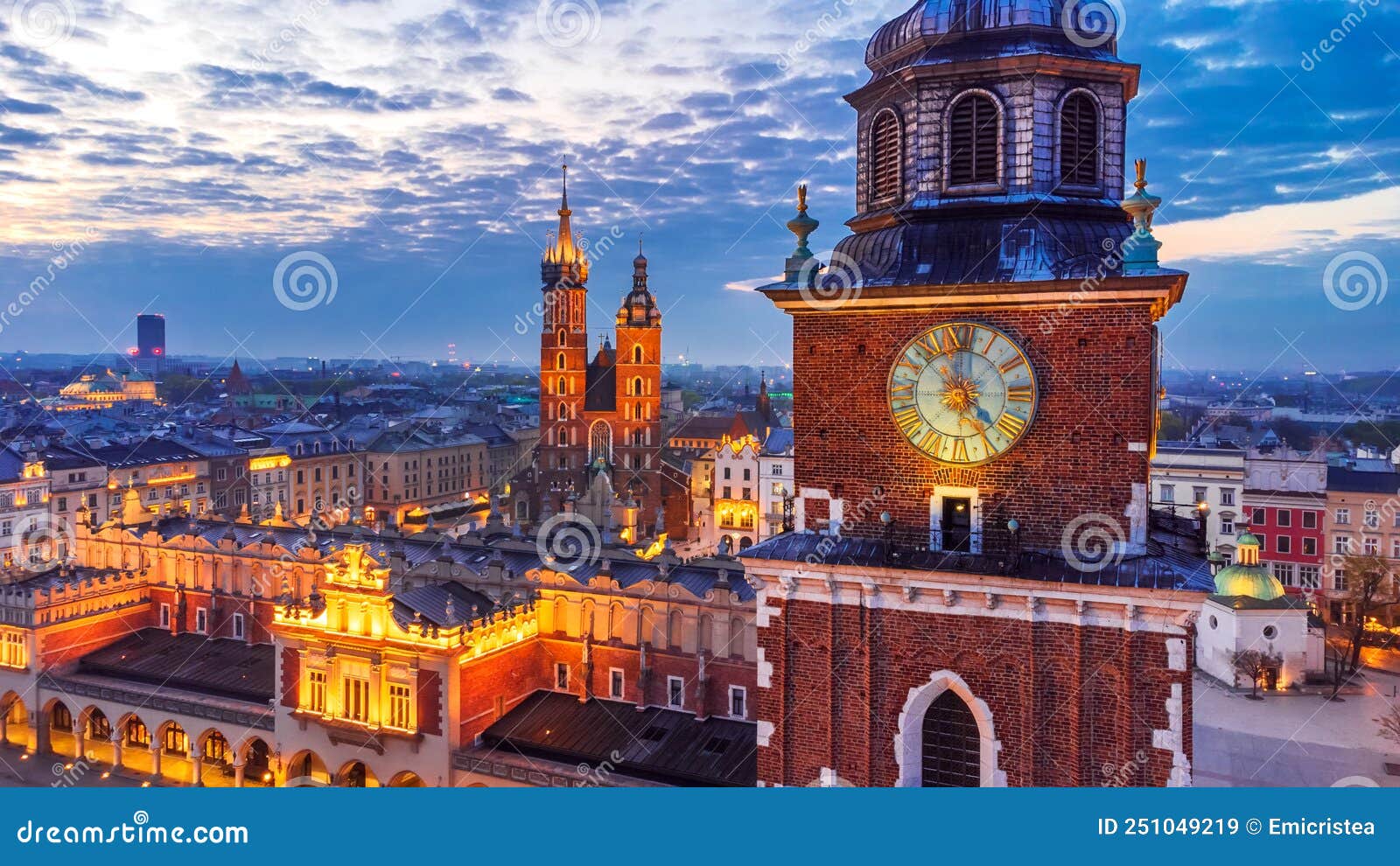 krakow, poland - aerial ryenek square with the cathedral and town hall tower