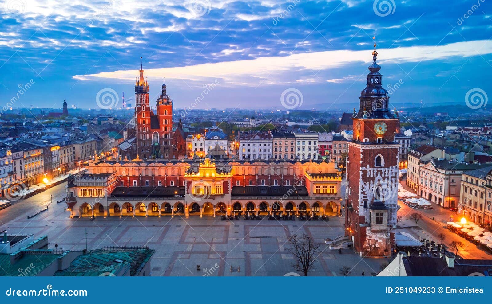 krakow, poland - aerial ryenek square with the cathedral and town hall tower