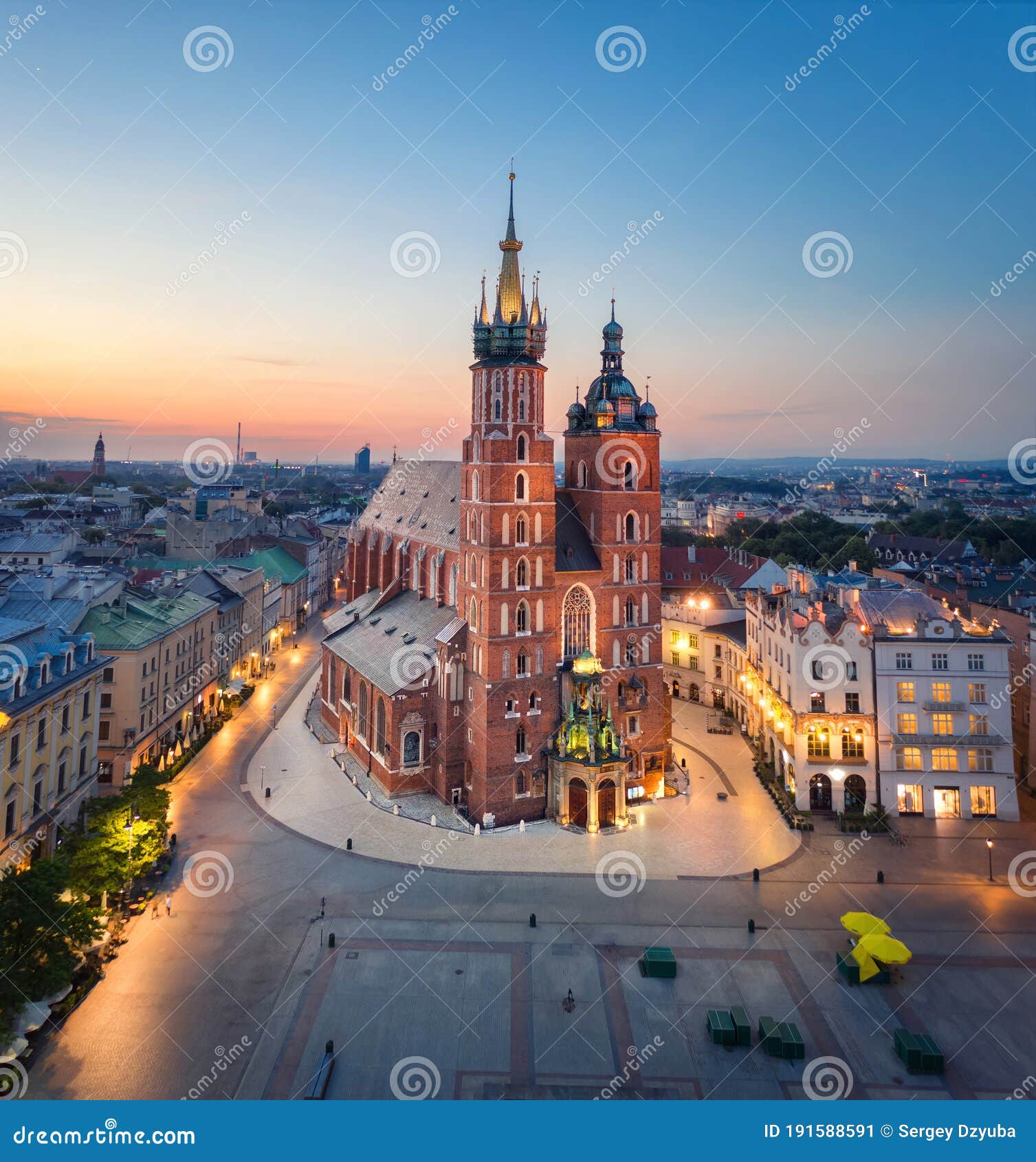 aerial view of  st. mary`s basilica in krakow, poland