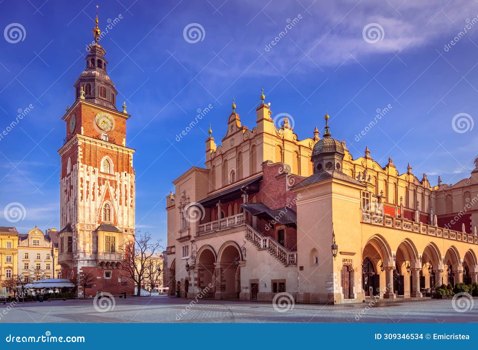 krakow, poland. historical ryenek square with the town hall tower