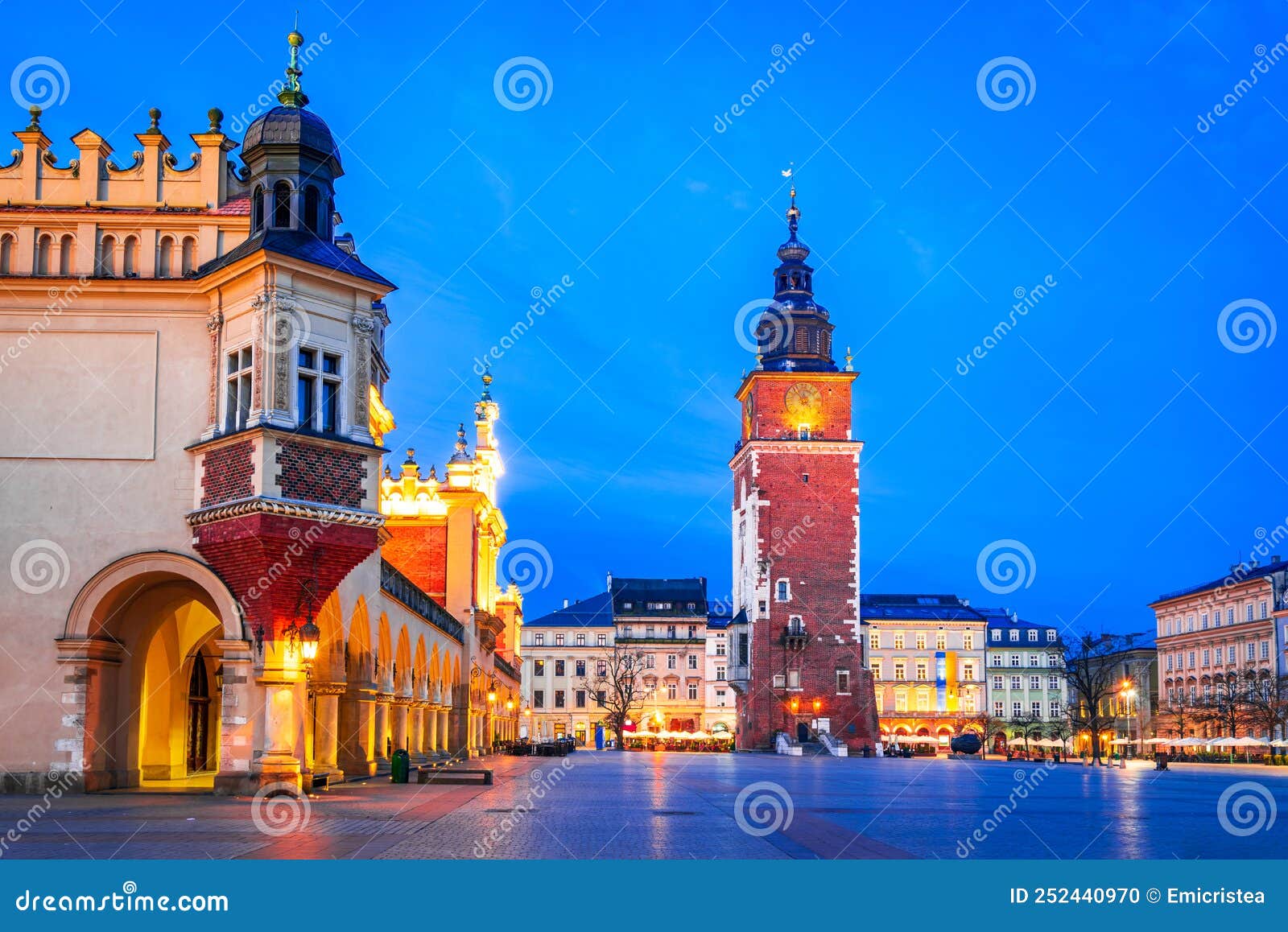 krakow, poland - medieval ryenek square with the cloth hall and town hall tower