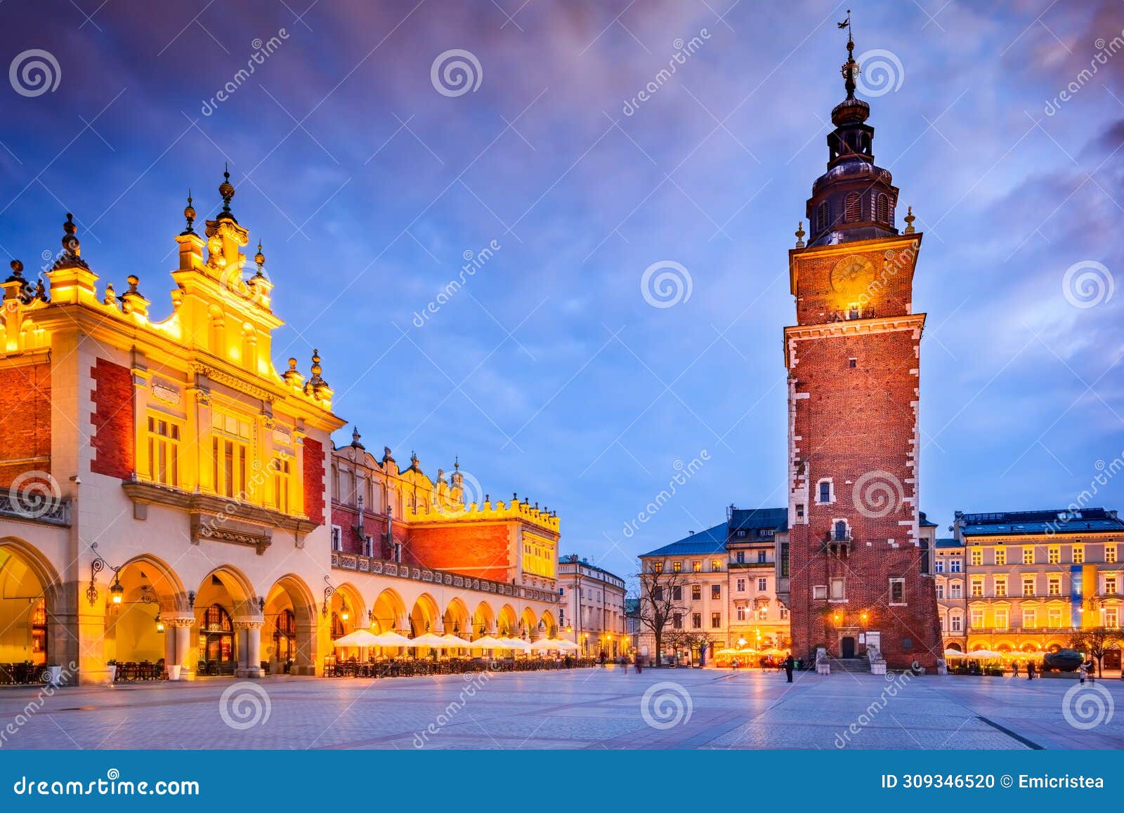 krakow, poland - medieval ryenek square with town hall tower