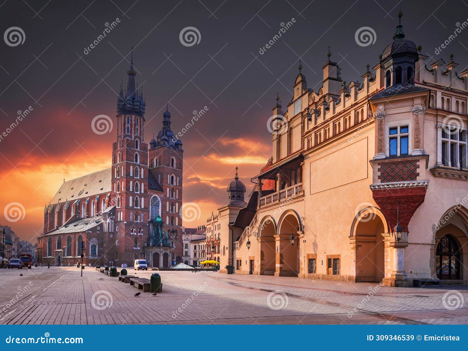 krakow, poland - medieval ryenek square with the cathedral, cloth hall and town hall tower