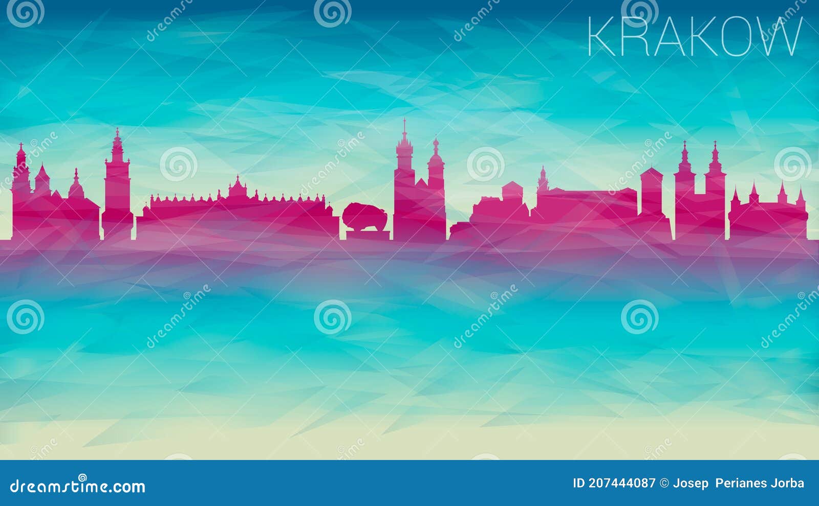 krakow polonia city skyline  silhouette. broken glass abstract  textured. banner background colorful  composition.