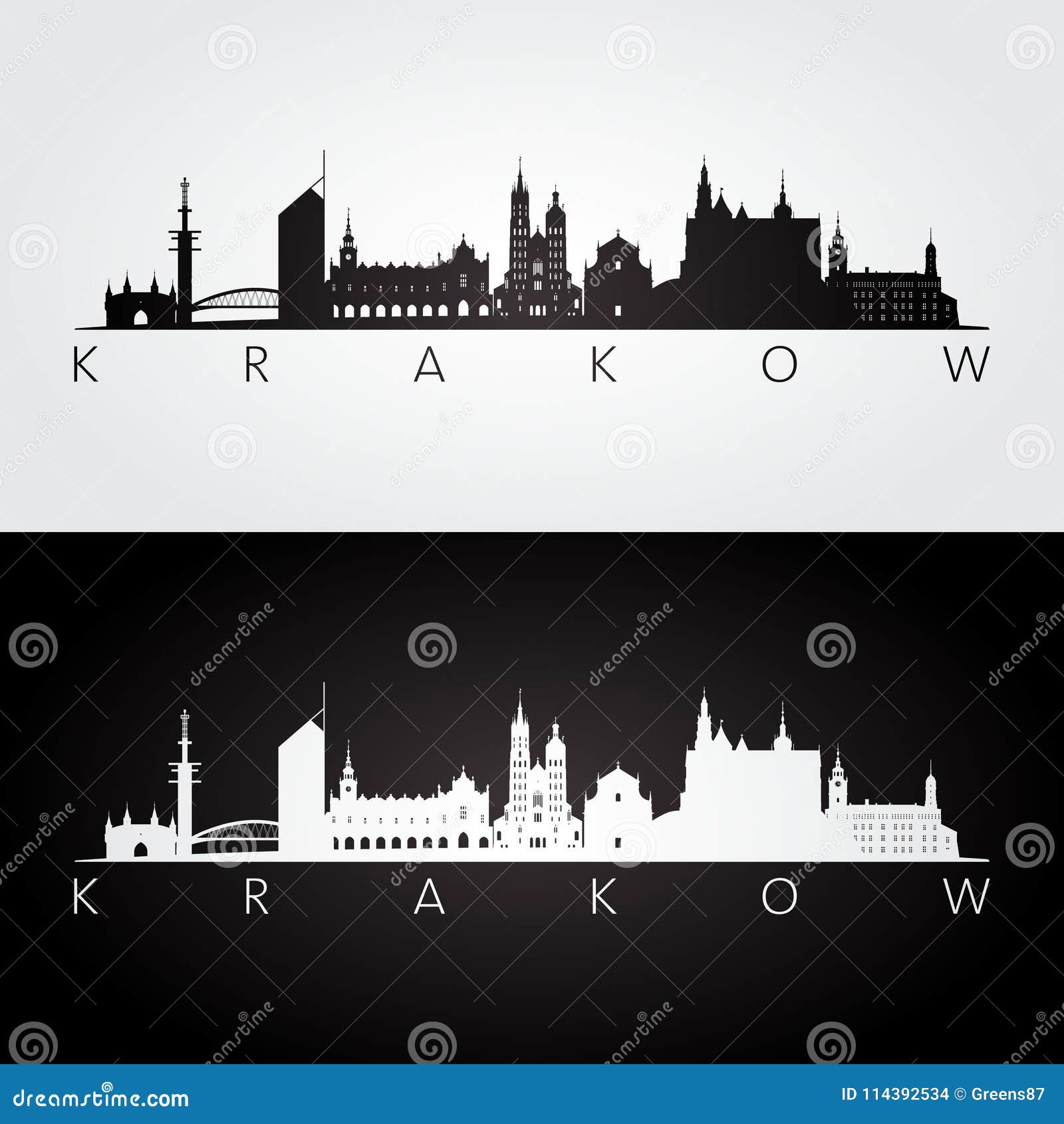 krakow skyline and landmarks silhouette