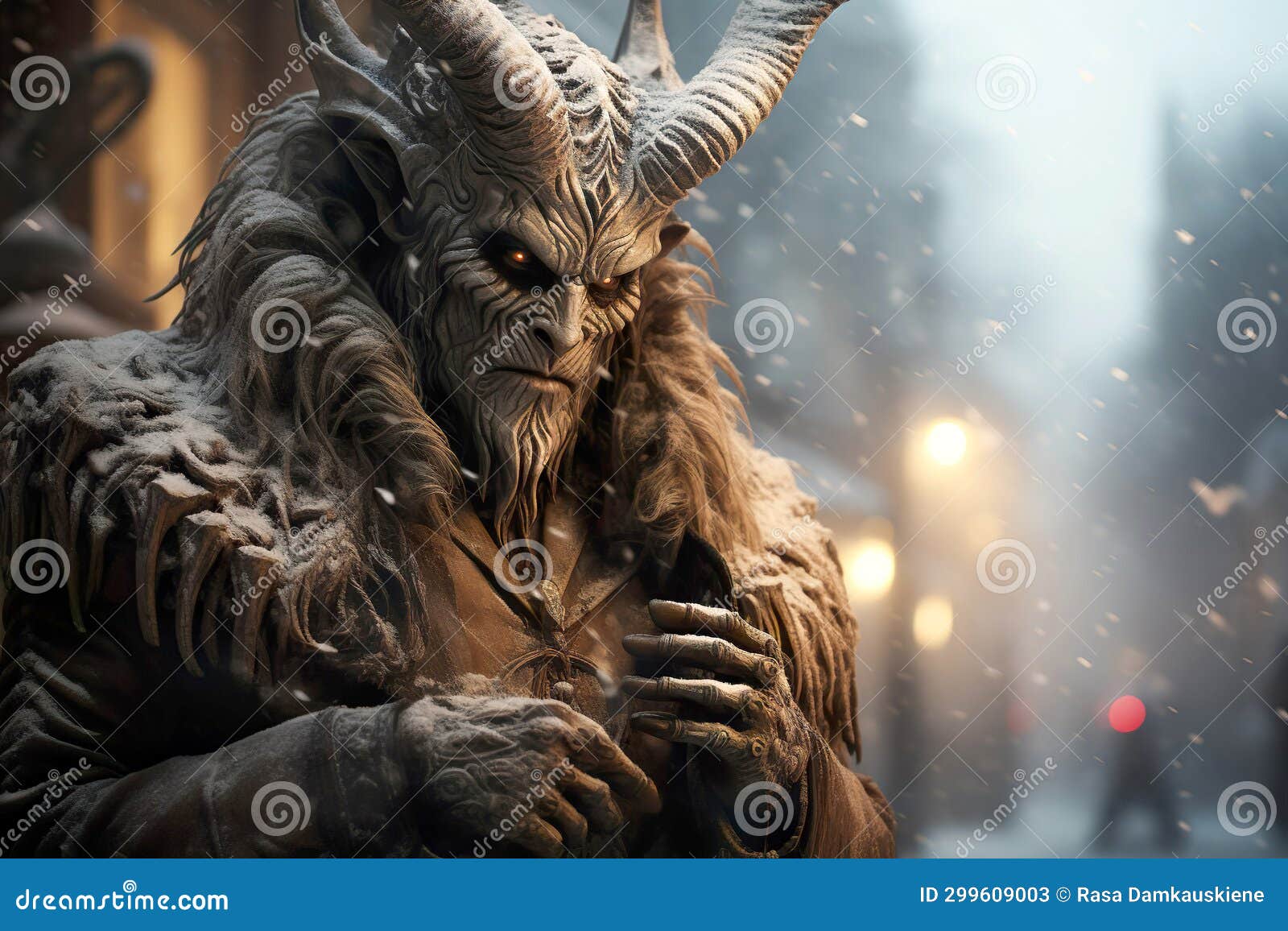 Krampus Portrait. Krampus with Horns Walking in the Winter City Krampus The Christmas Devil