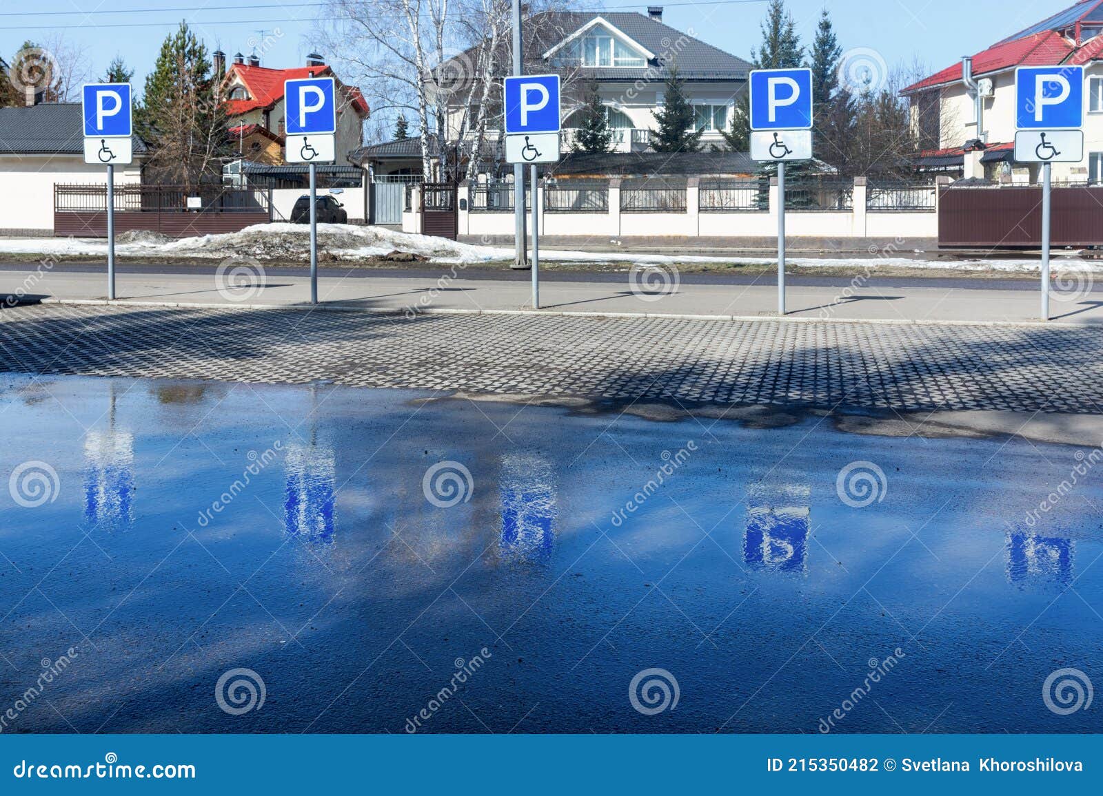 Krasnoyarsk, Russia - March 06, 2021: Four Disabled Parking Spaces In