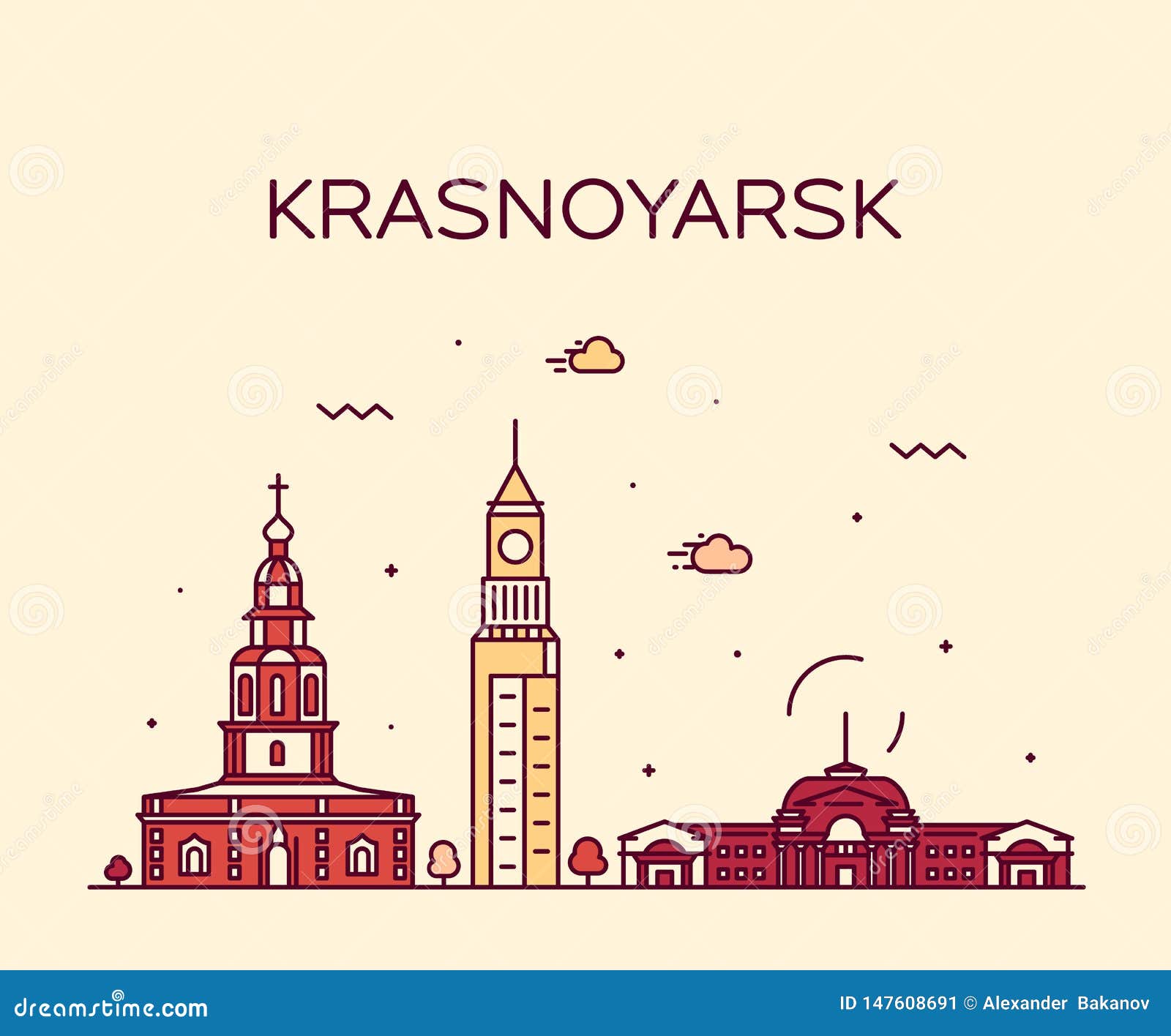 Russia, Krasnoyarsk Architecture Line Skyline Illustration. Linear