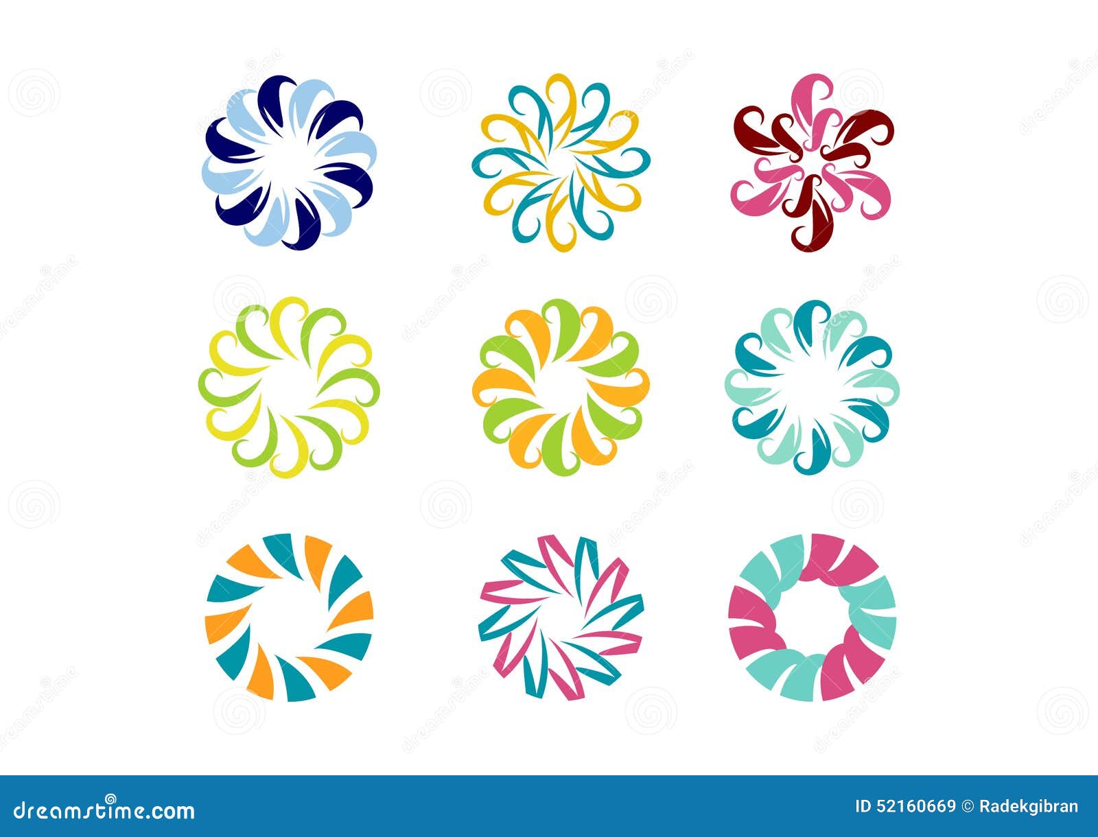 Kreisen Sie Logo und Blumenschablone Satz rundes abstraktes Unendlichkeitsblumenmuster-Vektordesign ein