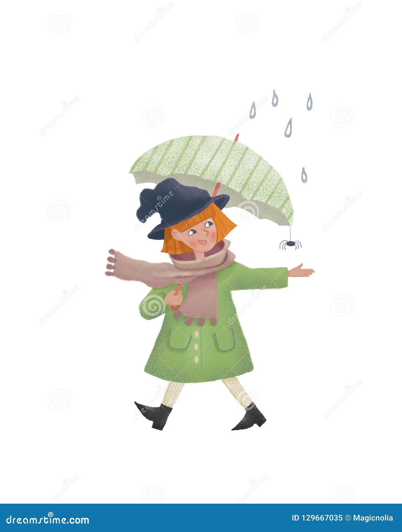 Kreskówki Mała czarownica w deszczu z parasolem Śliczni raster charakteru illustation jako druk pocztówka i projekt ludzie Raster odosobniona ilustracja