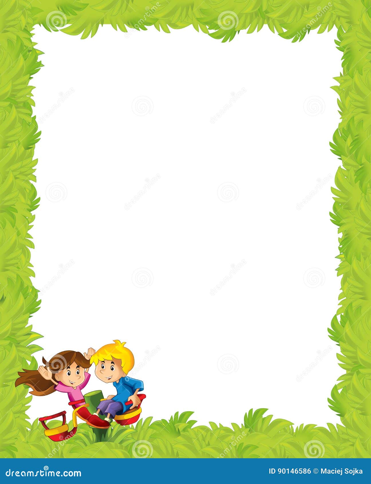 Kreskówki rama z dziećmi bawić się na boisko zabawce. Piękna i kolorowa ilustracja dla dzieci dla bajek - dla różnego użycia -