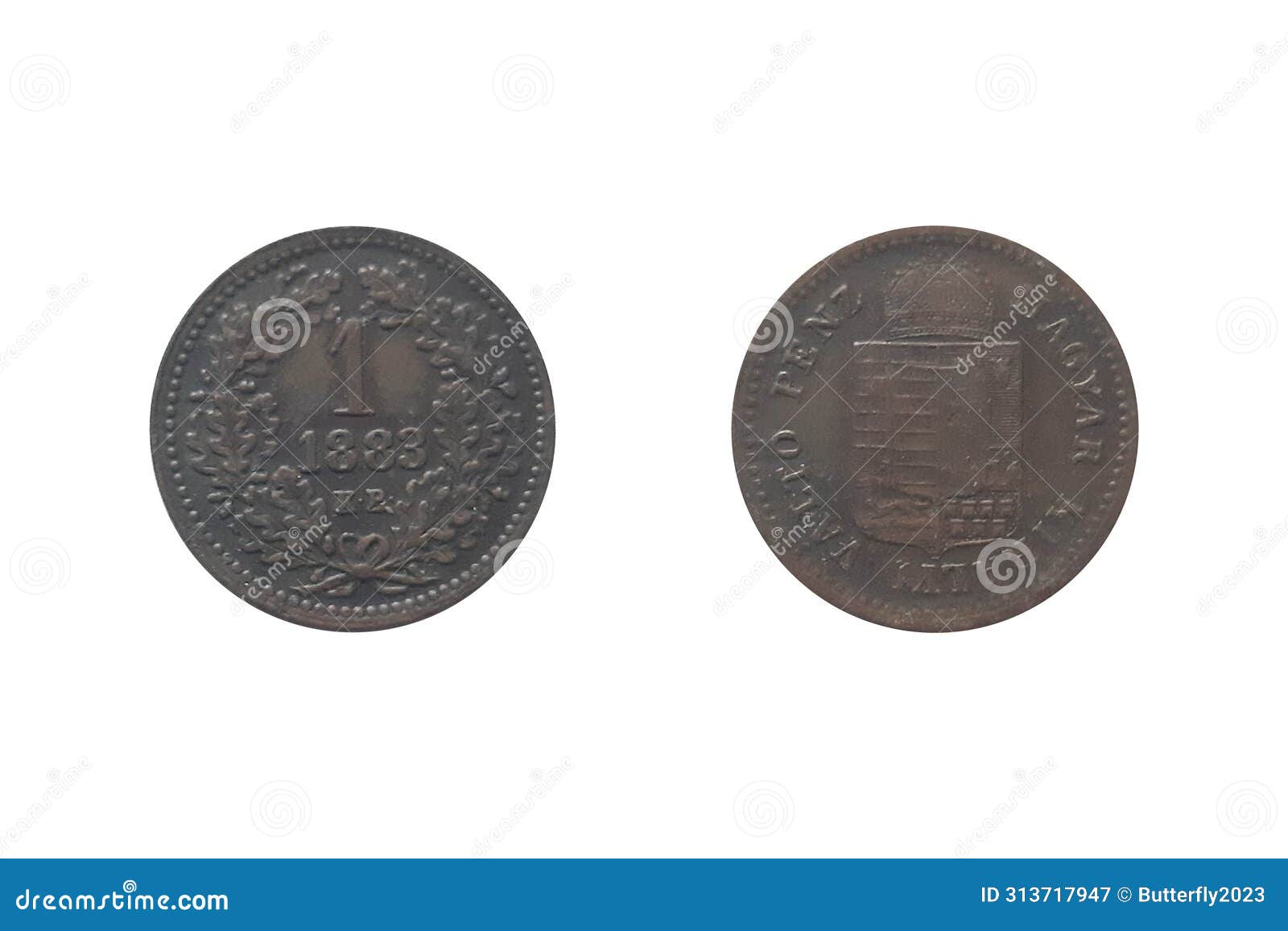 1 kreuzer 1883 kb francis joseph i on white background. coin of hungary. obverse arms of the kingdom. reverse