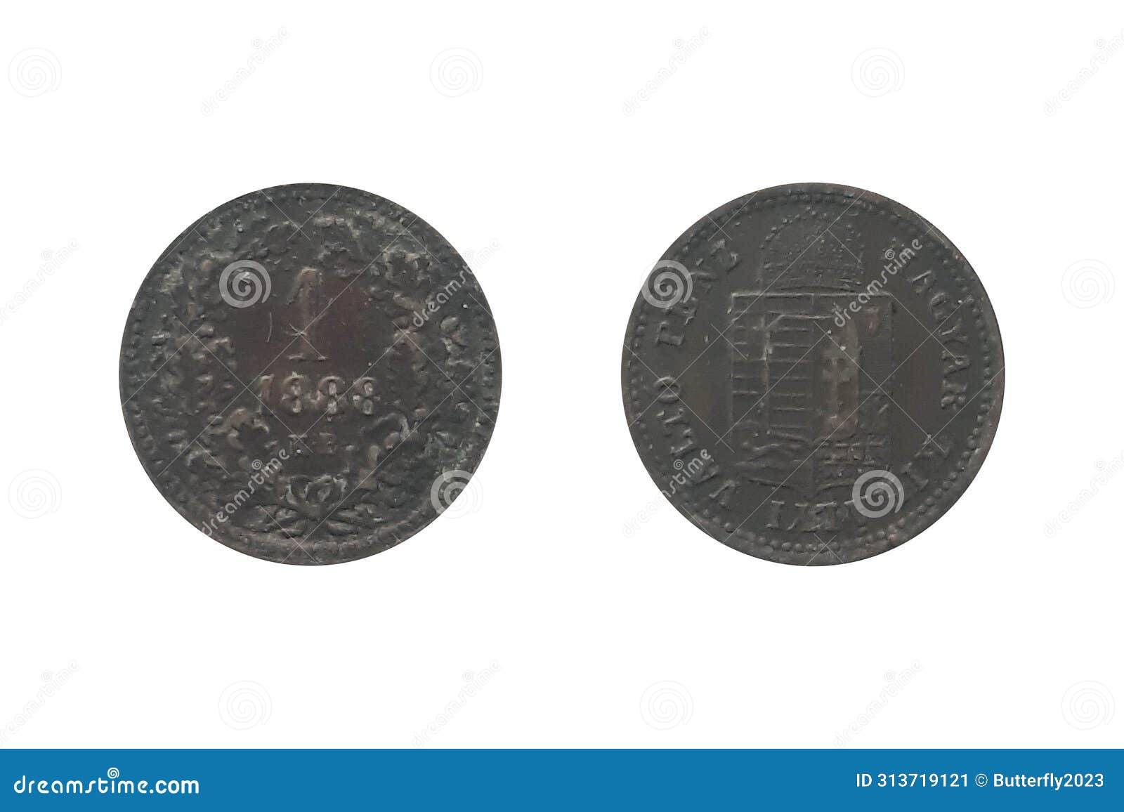 1 kreuzer 1888 kb francis joseph i on white background. coin of hungary. obverse arms of the kingdom