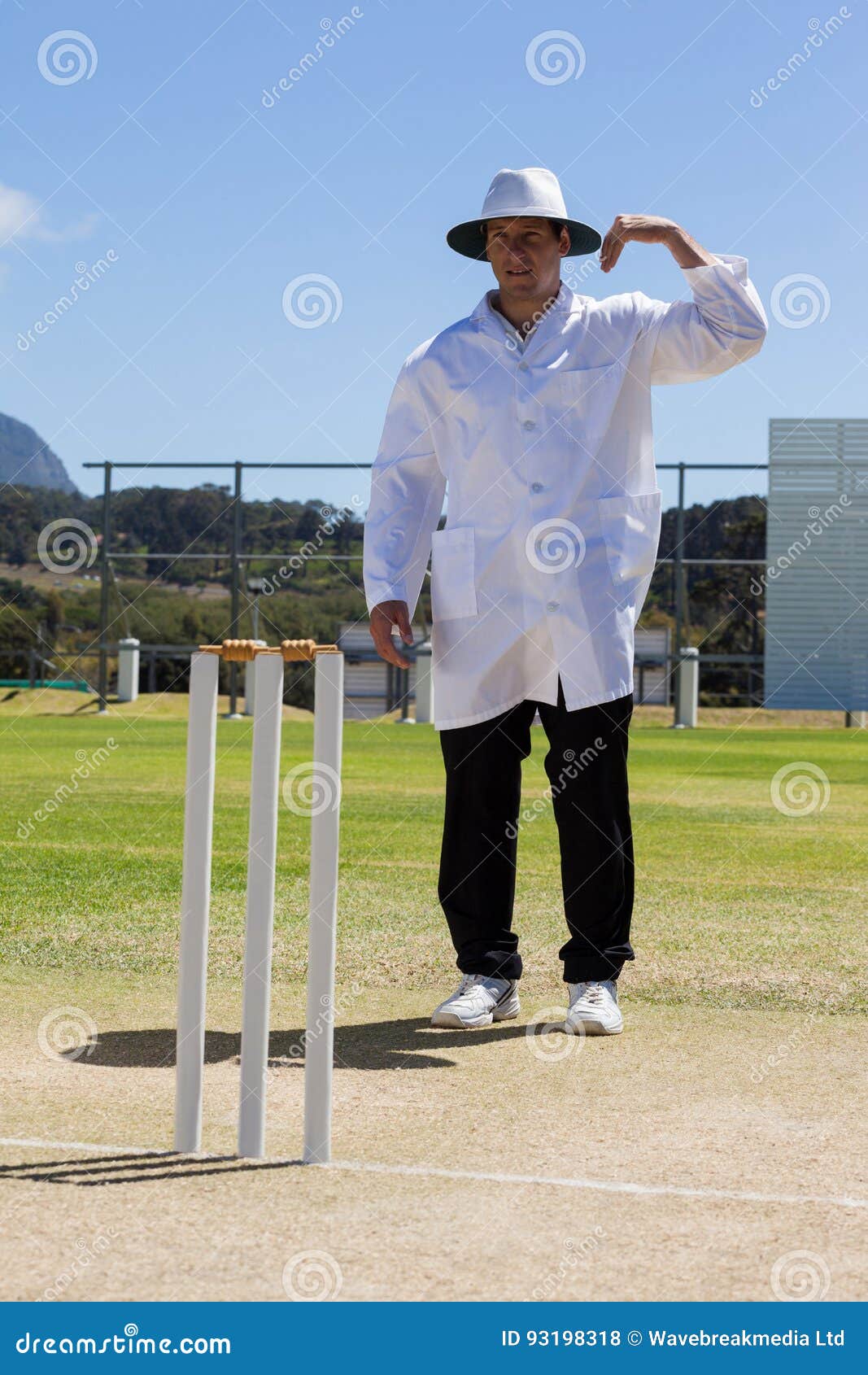 Kricketschiedsrichter, der einem kurzen Zeichen während des Matches signalisiert. Kricketschiedsrichter, der einem kurzen Zeichen während des Matches gegen blauen Himmel am sonnigen Tag signalisiert