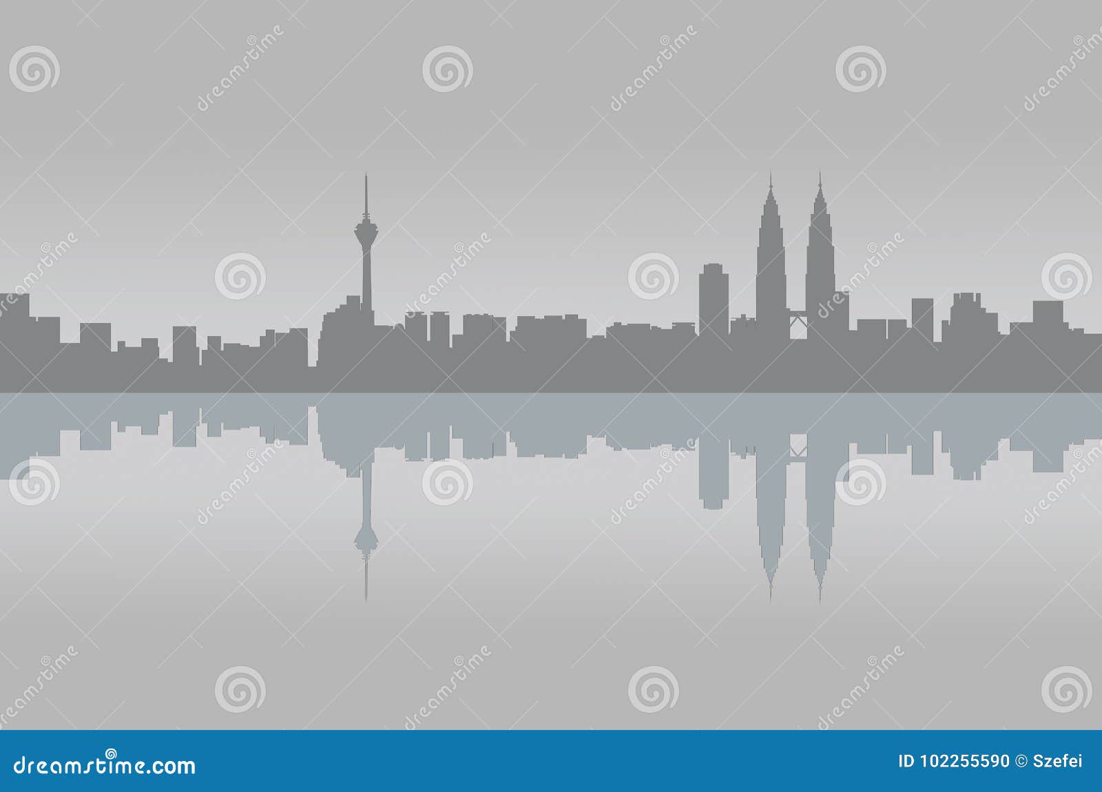 Kuala Lumpur-Panoramagraphikreflexion. Kuala Lumpur-Stadtskylinepanoramaansicht-Illustrationsgraphik im Grau getont