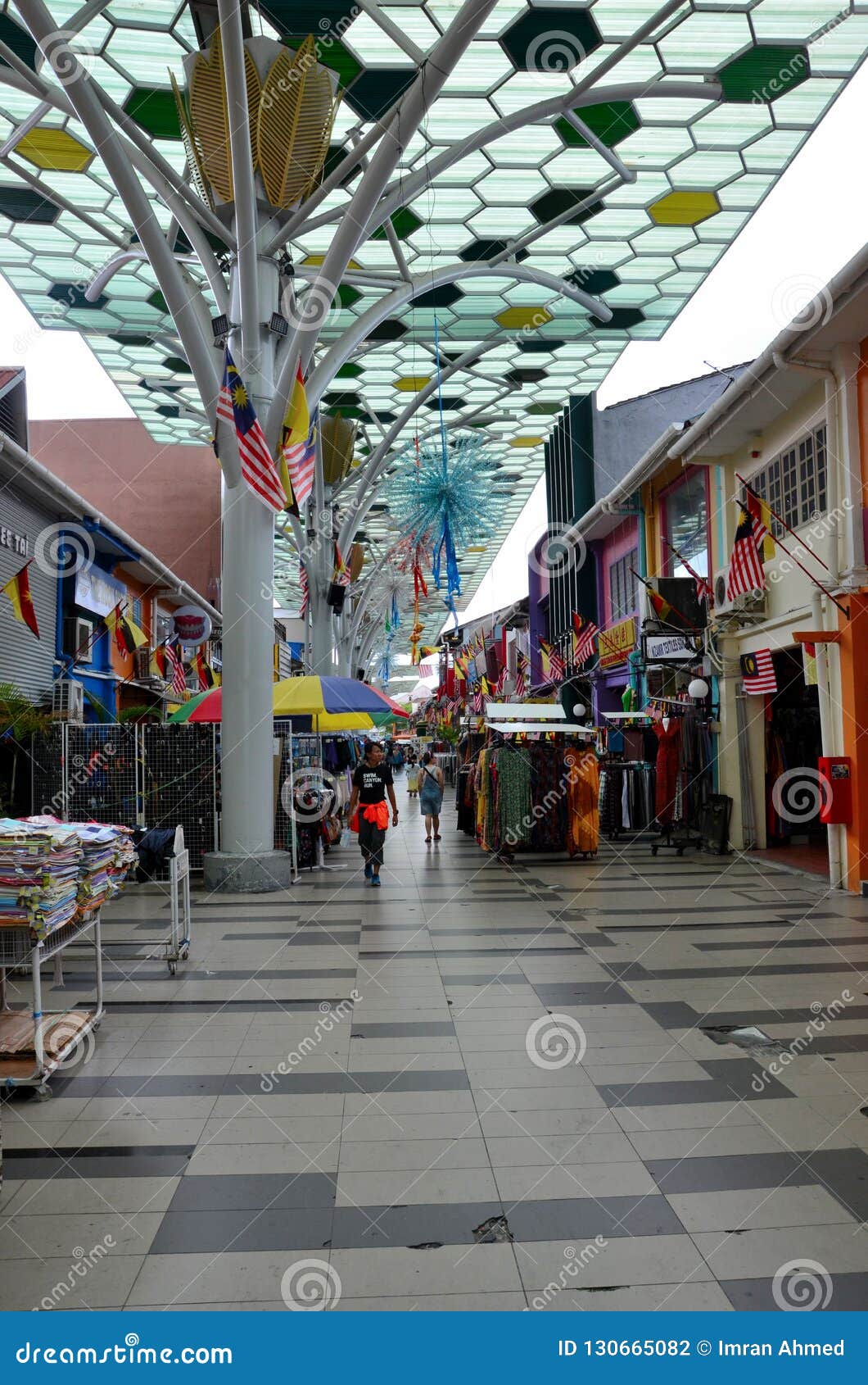 Pedestrians Walk And Shop On India Street In Kuching Sarawak Malaysia