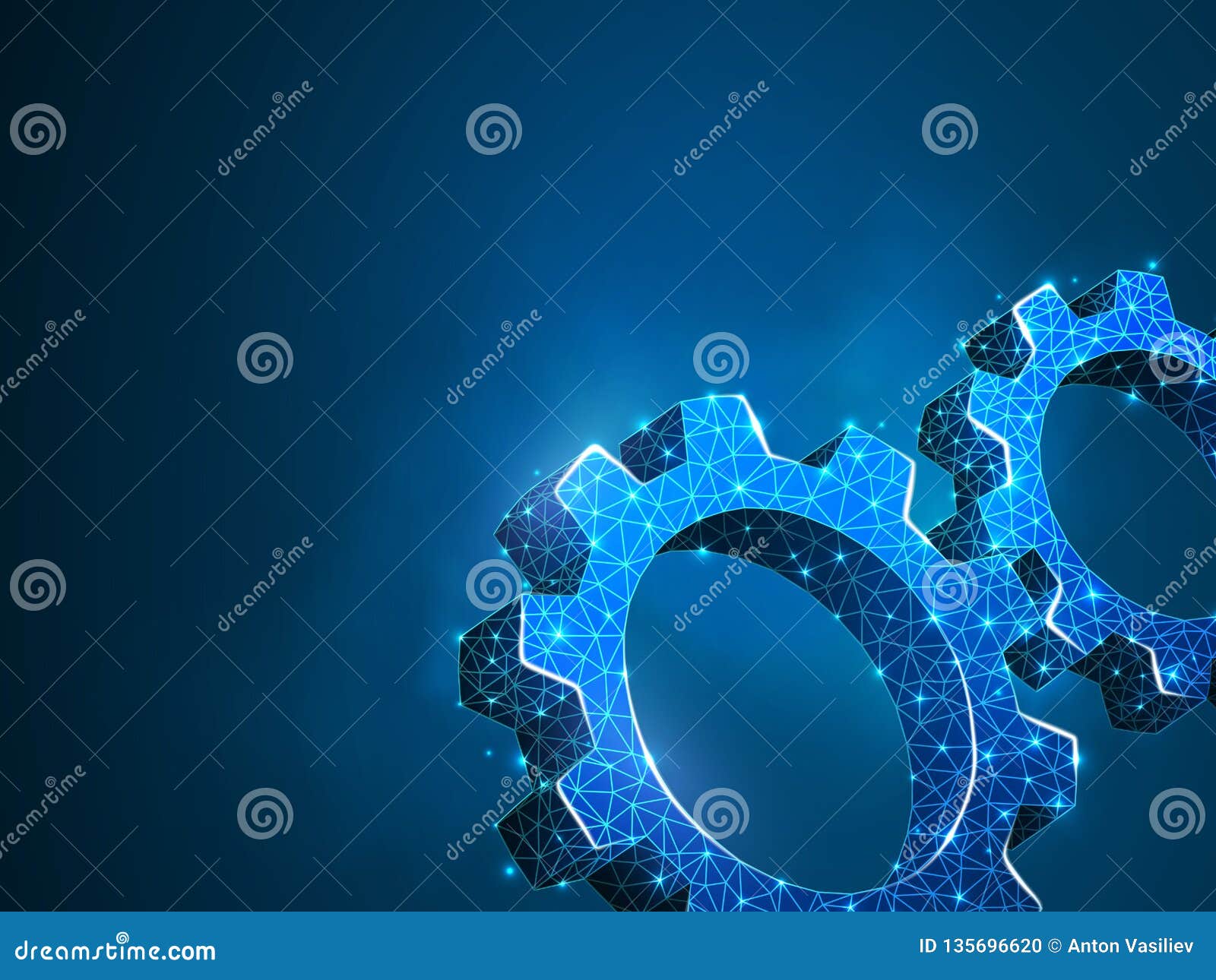 Kugghjul r E r. Kugghjul Branschutveckling, motorarbete, affärslösningsbegrepp Mekaniskt symbol för teknologimaskinteknik Utrustar låg poly polygonal wireframe två 3d för vektorn illustrationen på blå bakgrund