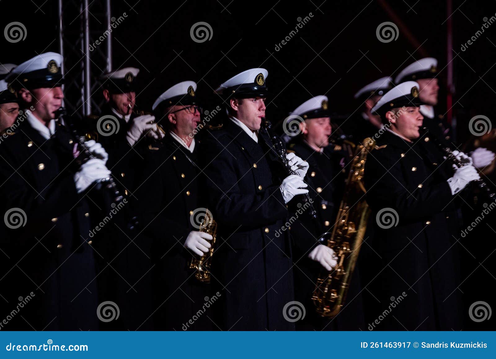 Kuldiga, Latvia - November 11, 2022: Latvian Army military parade in honor of Lacplesis Day. Military orchestra.