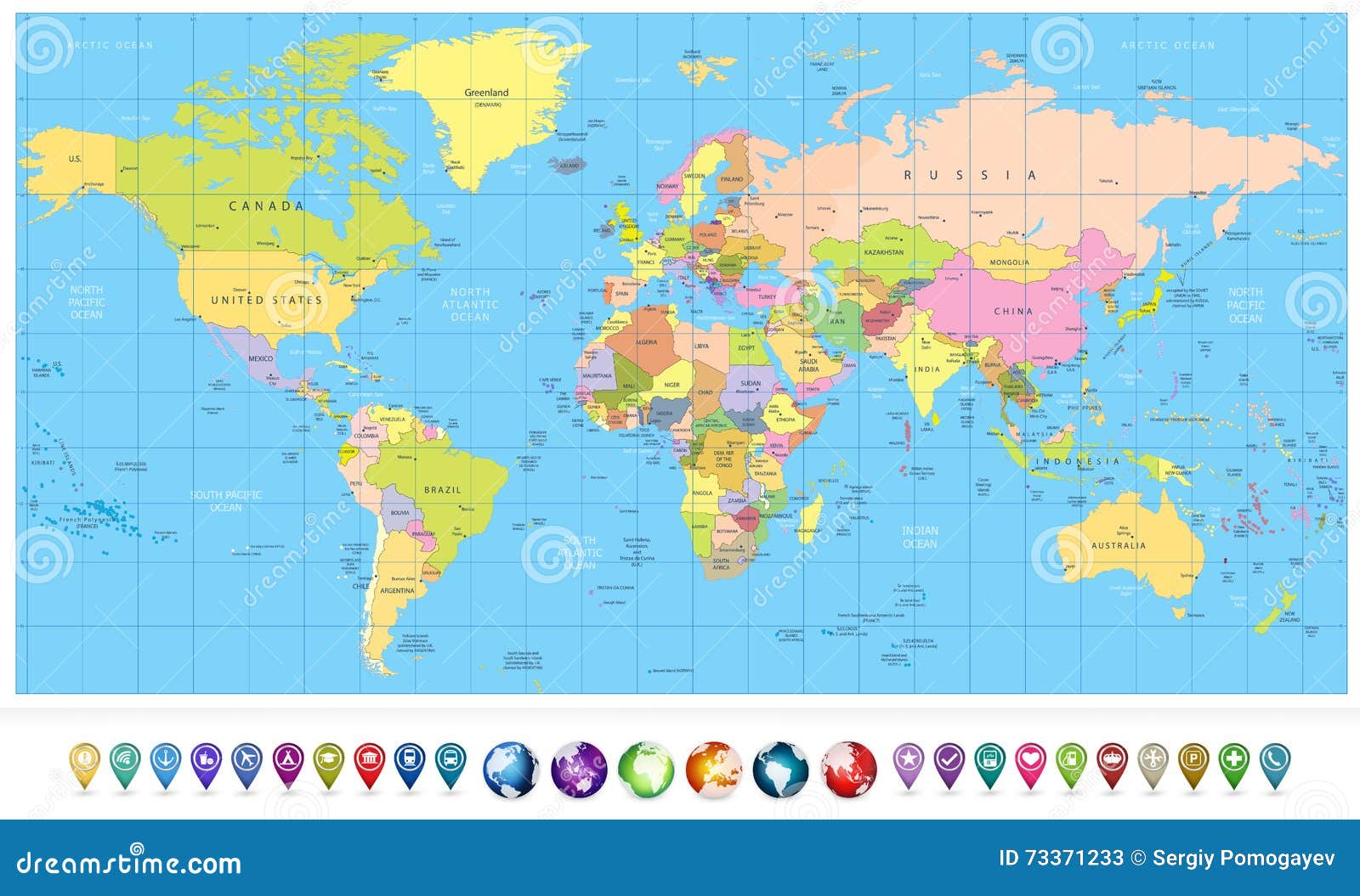 Kulör Politisk Världskarta Och Jordklot 3D Med Navigeringsymboler