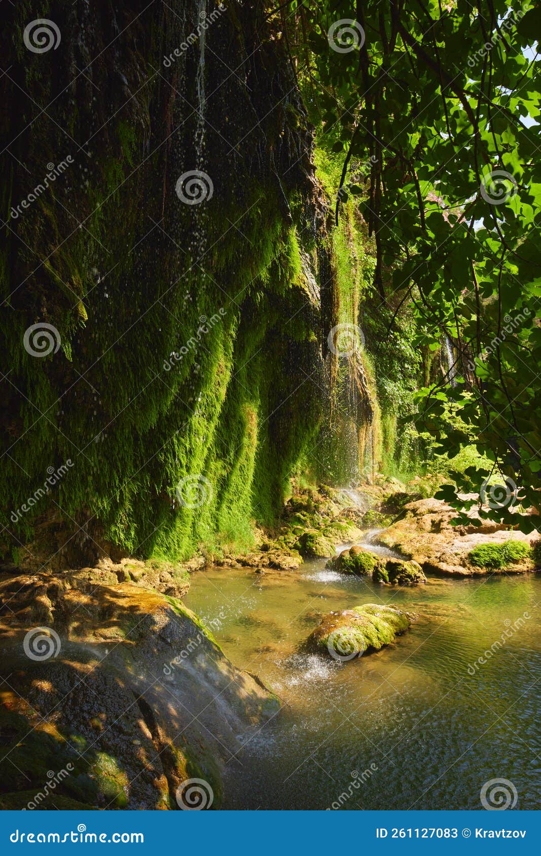 Kursunlu Waterfall in Turkey, Antalya. Rainforest Waterfall Overgrown with Moss Stock Image