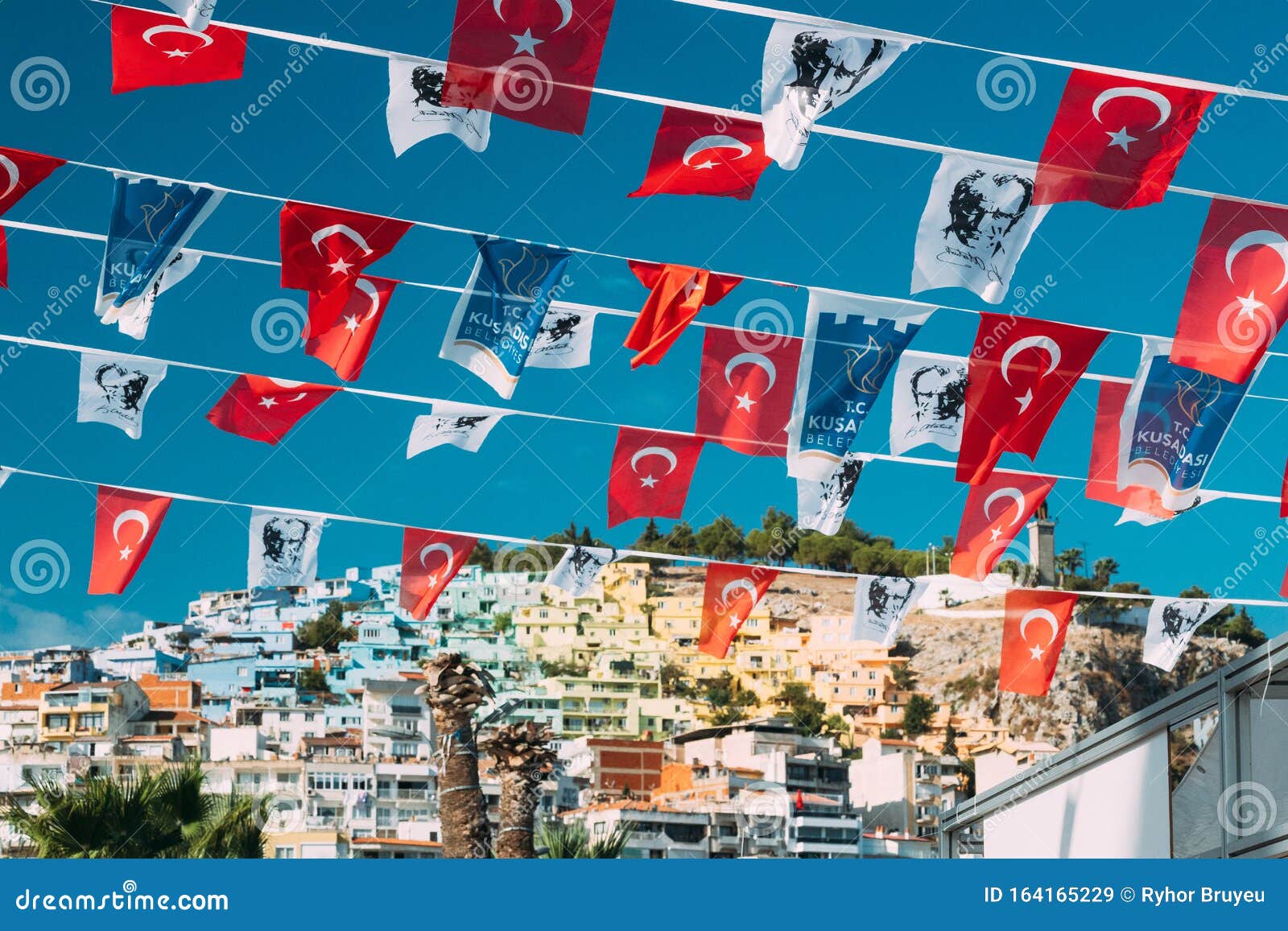 Kusadasi, Aydin Province, Turkey. Waving Flags Above ...