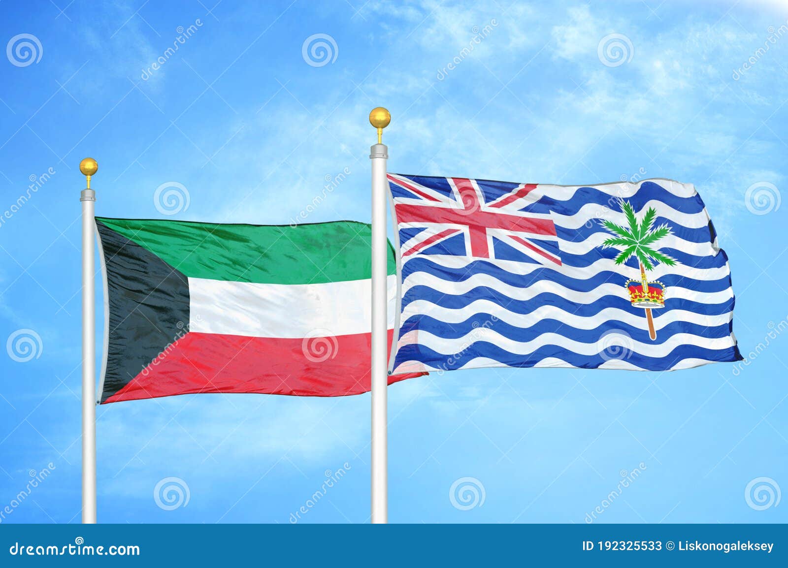Kuwait and British Indian Territory Two Flags on Flagpoles and Blue Sky