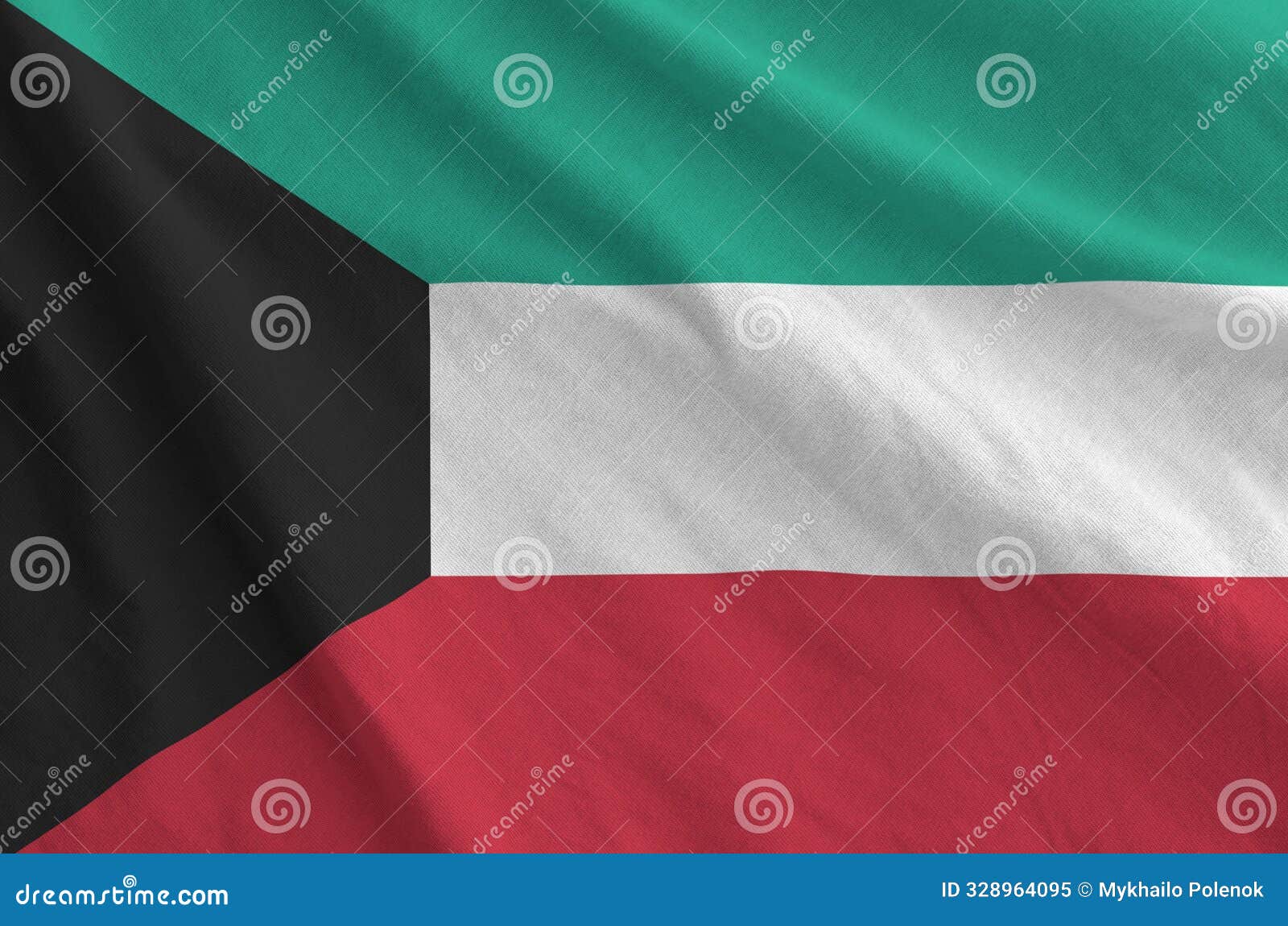 kuwait flag depicted on folded wavy fabric of old cloth