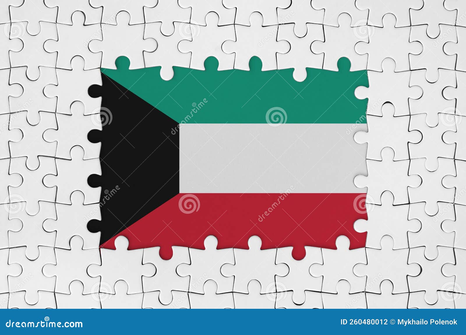Kuwait Flag in Frame of White Puzzle Pieces with Missing Central Part