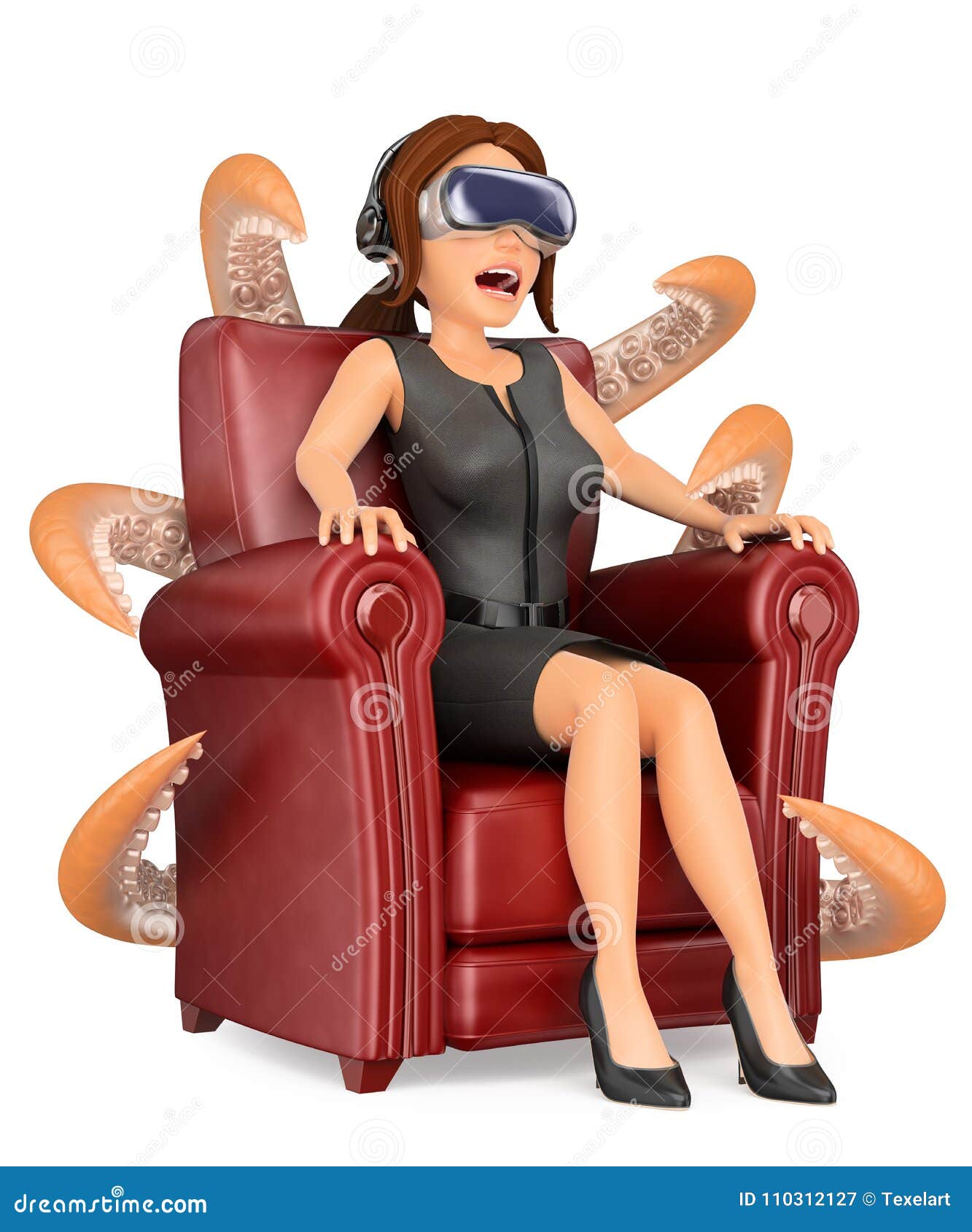 Kvinna för affär som 3D håller ögonen på en läskig film med virtuell verklighetgl. Illustration för folk för affär 3d Affärskvinna som håller ögonen på en läskig film med virtuell verklighetexponeringsglas Vit bakgrund