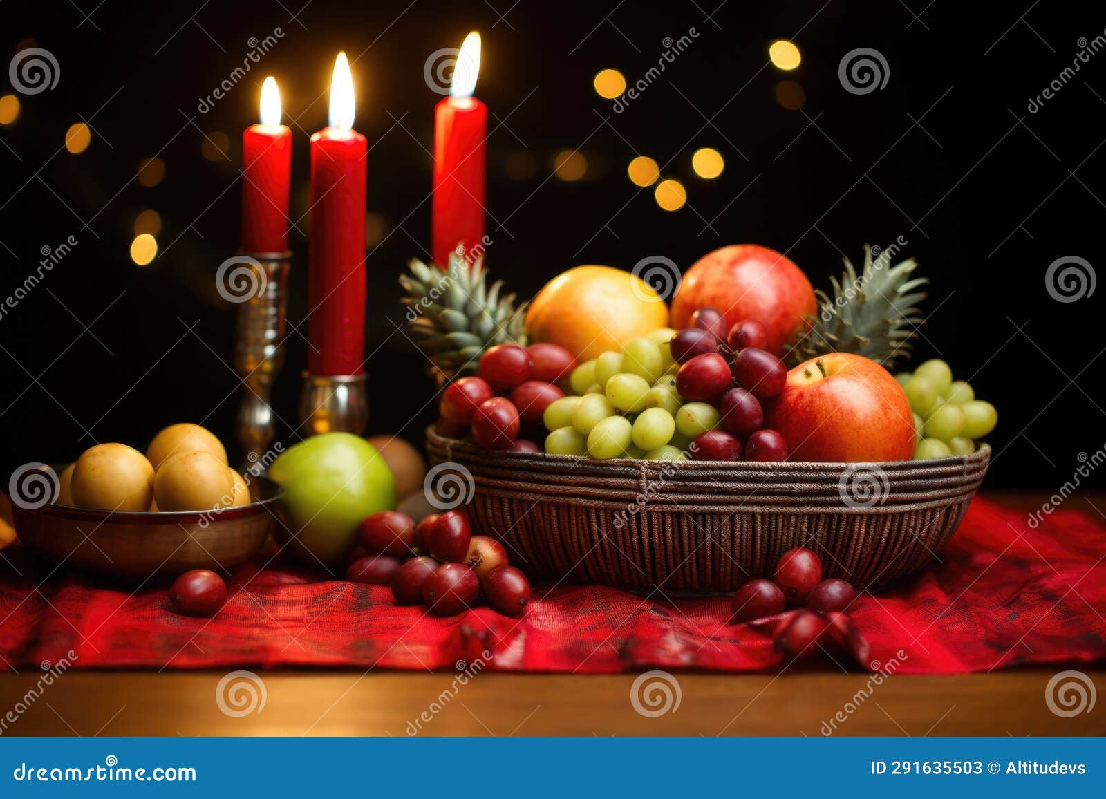 Kwanzaa Kinara with Lit Candles, Fruit Basket beside Stock Image