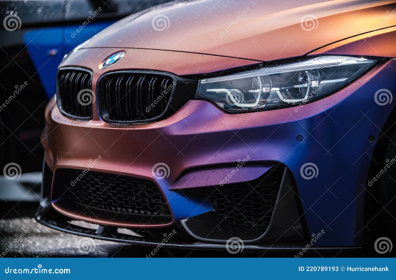 BMW M3 F80 Vehicle Wrapped in Purple Matte Chameleon Vinyl Wrap,equipped with Custom Wide Kit with Carbon Stock Photo - Image of motorsport, orange: 220789193