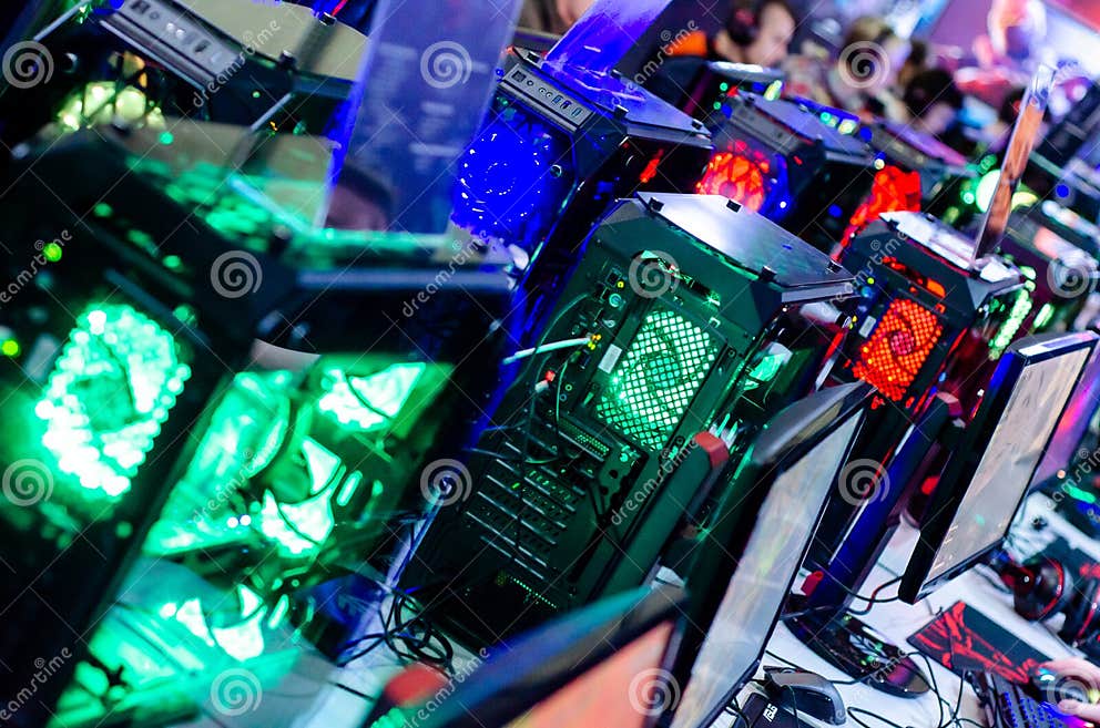 Kyiv, Ukraine - April 12, 2019: Many Gaming Computers. Gaming PC