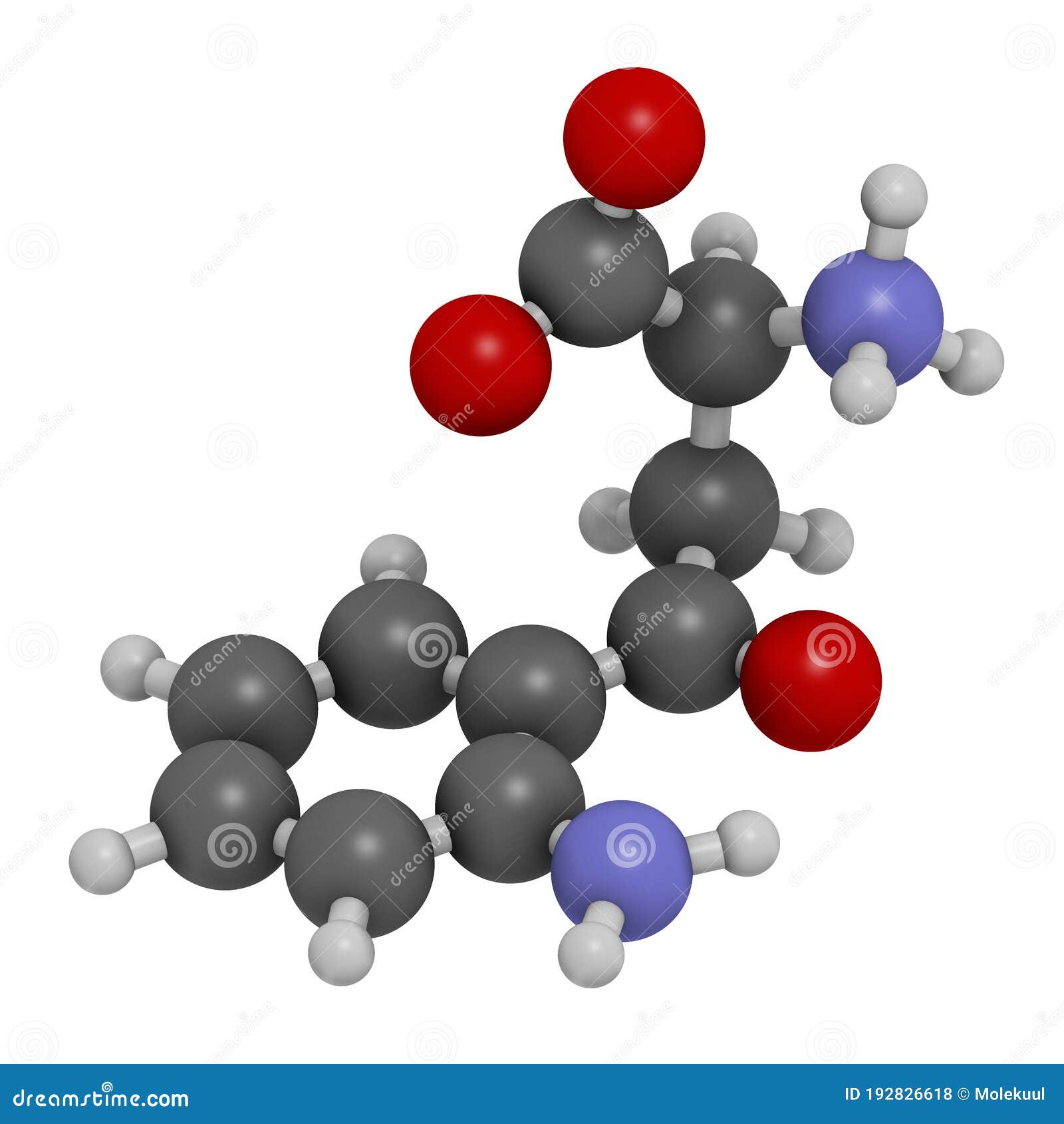 kynurenine molecule. 3d rendering. atoms are represented as spheres with conventional color coding: hydrogen white, carbon grey