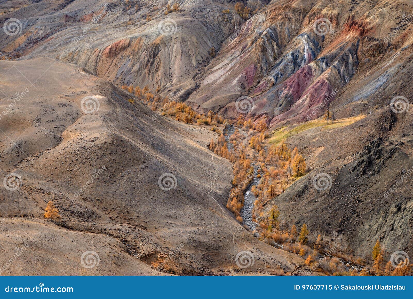 kyzyl-chin valley,altai mountains,russia.colored rocks kyzyl-chin other name is mars.picturesque martian landscape from multi-co