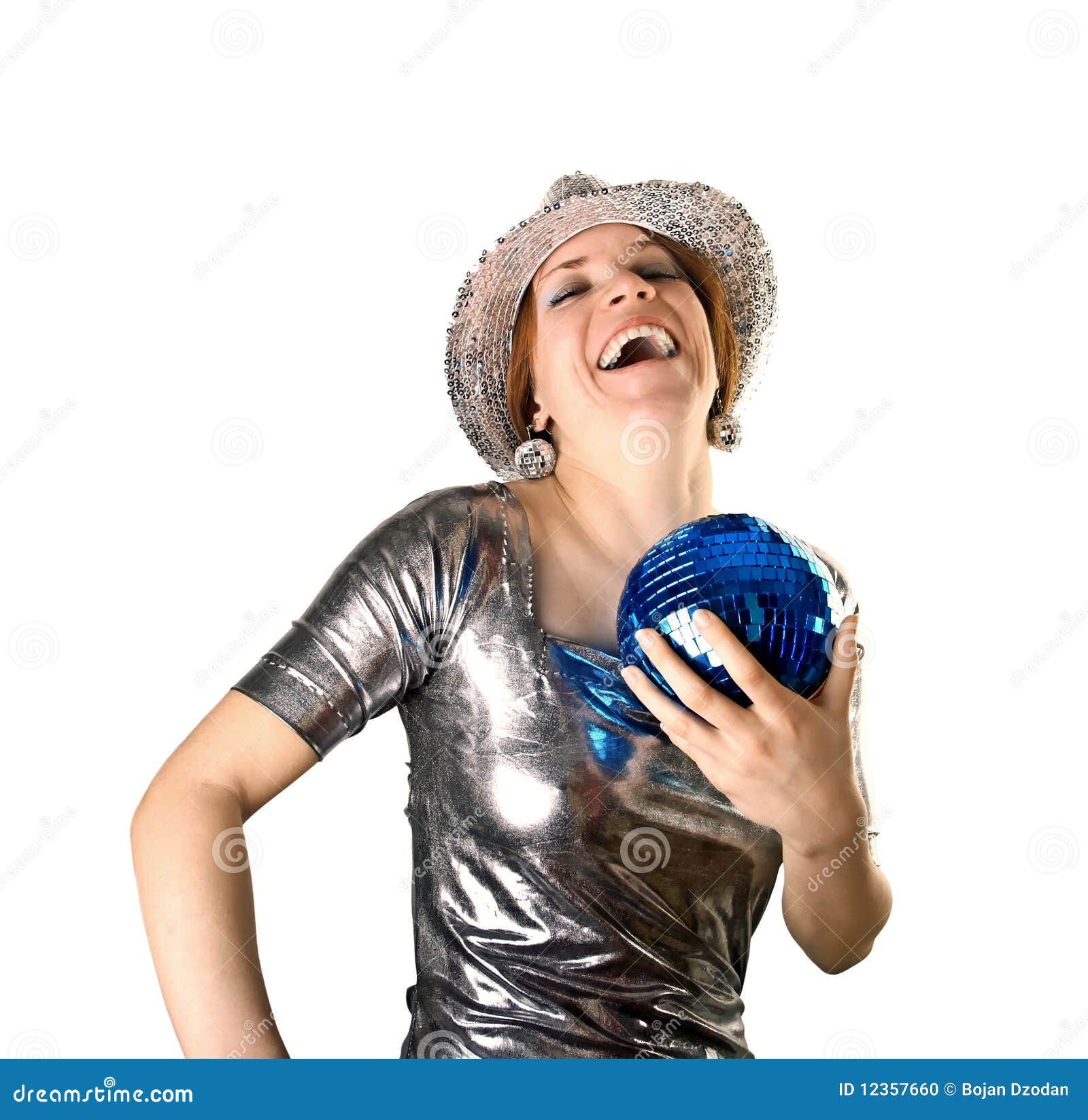 Lächelndes Partymädchen Mit Hut- Und Discokugel Stockfoto - Bild