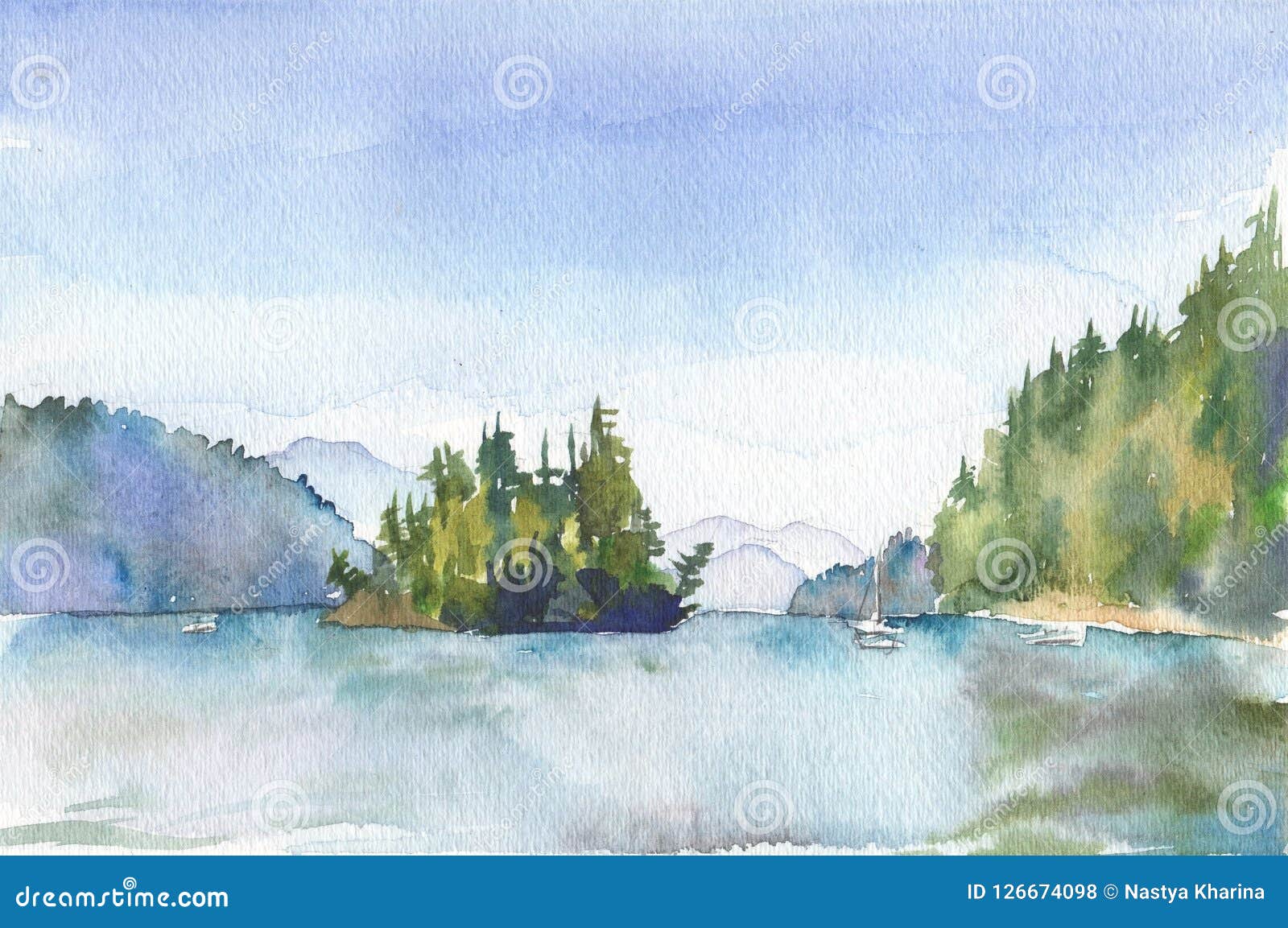 L Acquerello Ha Dipinto Il Paesaggio Con Un Lago E Un Isola Illustrazione Di Stock Illustrazione Di Arte Semplice