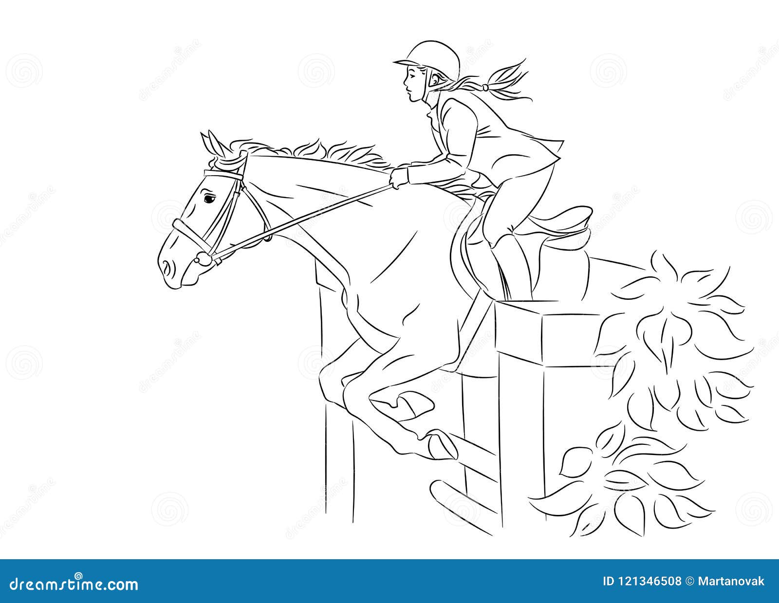 Equitation Coloriage Cheval Qui Saute L'amazone Et Un Cheval Sautent Par-dessus Un Obstacle Sport équestre Illustration de Vecteur - Illustration du illustration, jockey: 121346508
