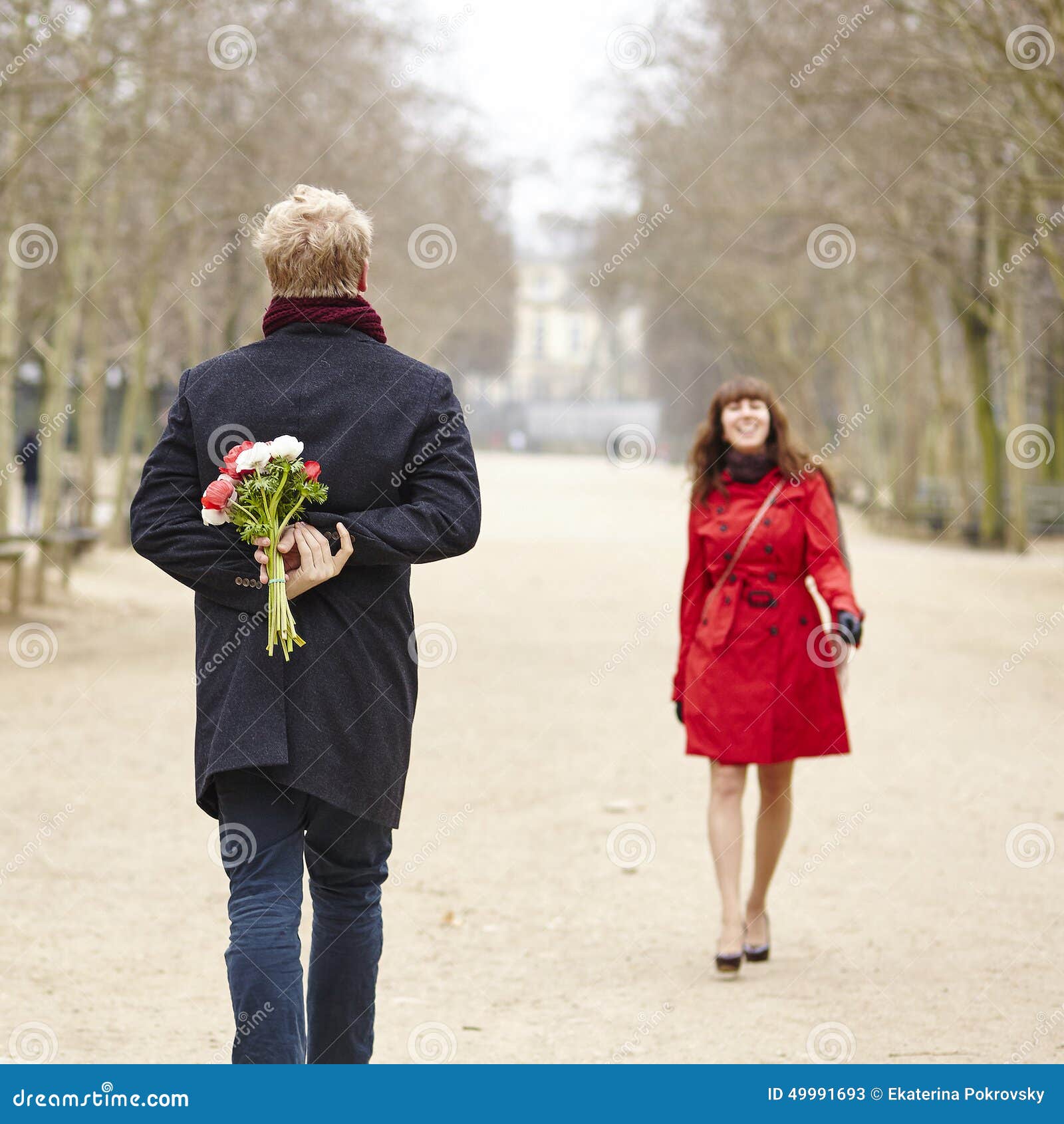 L'homme Va Offrir Des Fleurs à Son Amie Image stock - Image du romantique,  adulte: 49991693