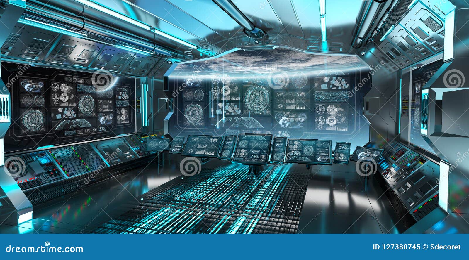 L'intérieur Bleu De Vaisseau Spatial Avec Le Panneau De Commande Examine Le  Rendu 3D Illustration Stock - Illustration du espace, satellite: 127380745