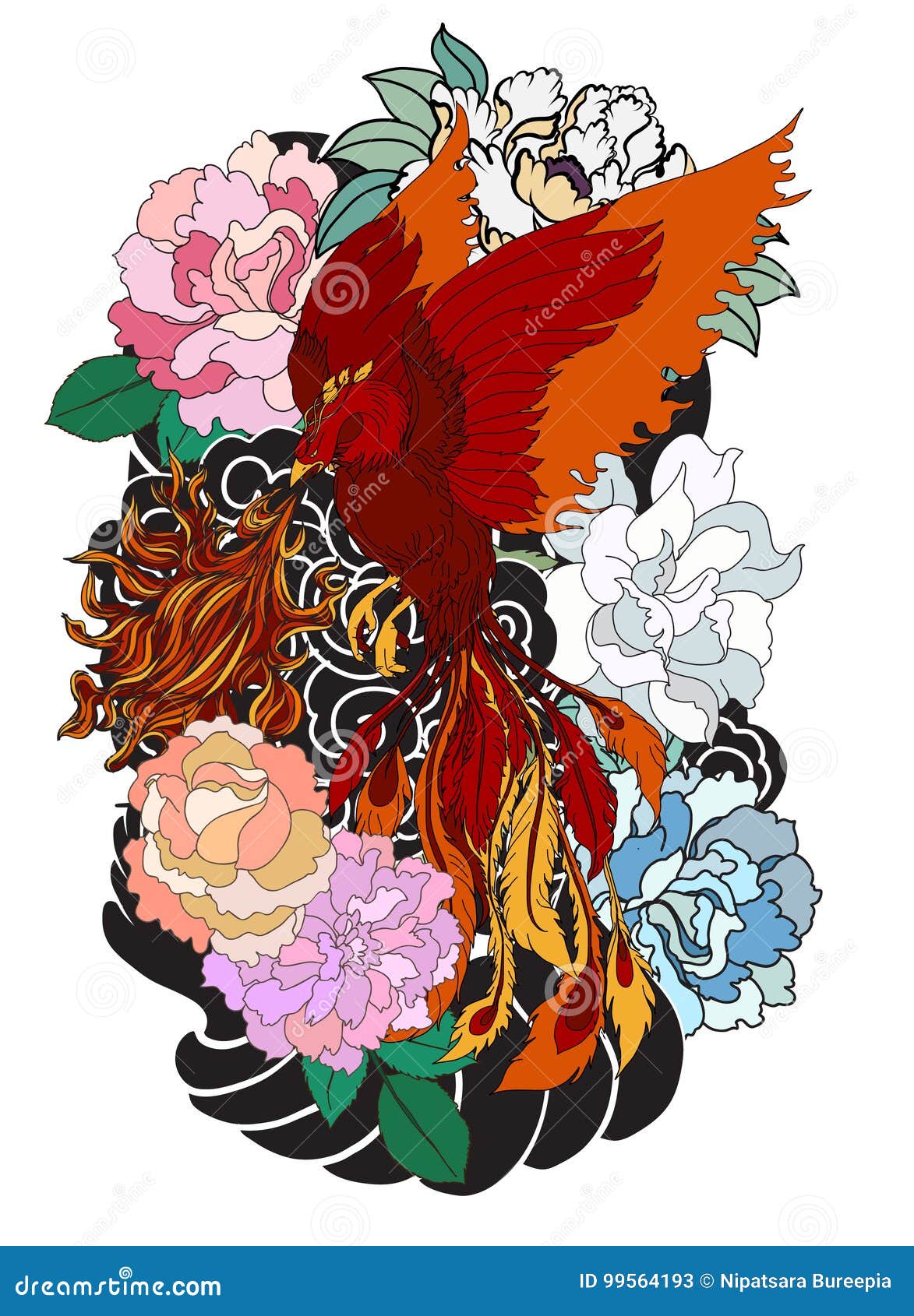 L oiseau Du Feu De Phoenix Avec La Fleur De Pivoine Et S 