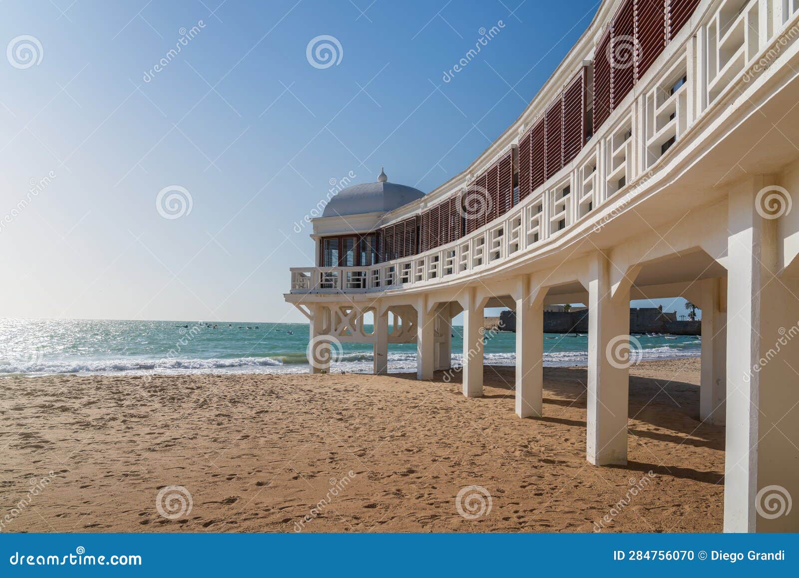 la caleta beach and balneario de la palma building - cadiz, andalusia, spain