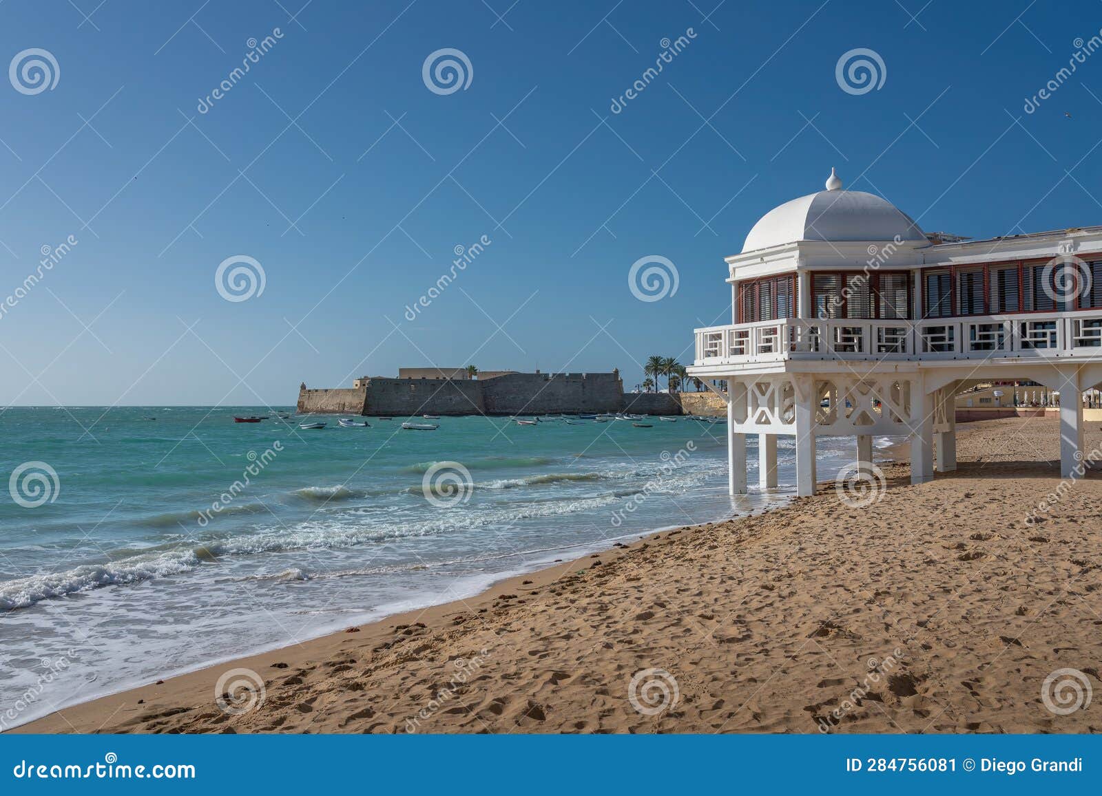 la caleta beach, balneario de la palma building and castle of santa catalina - cadiz, andalusia, spain