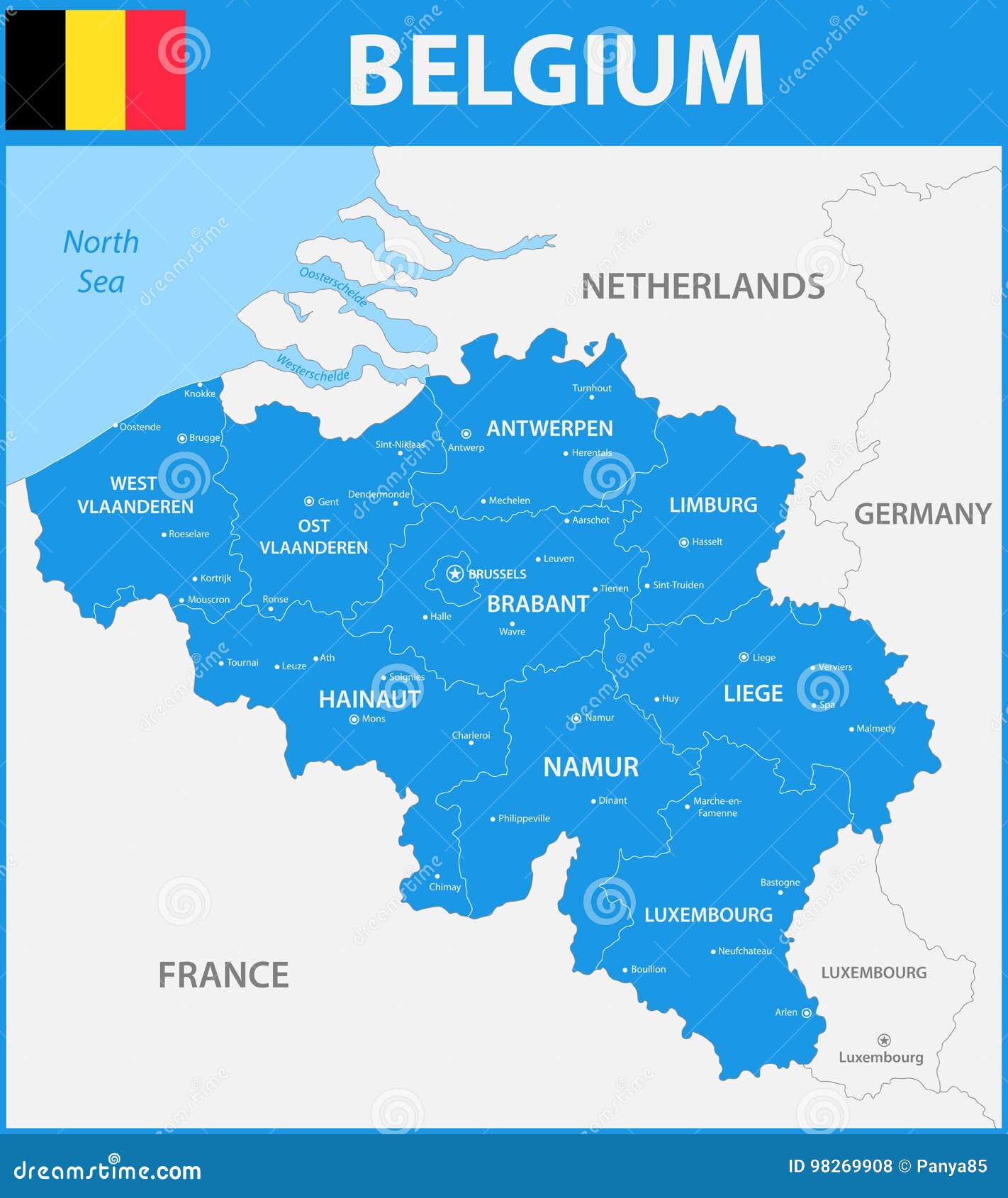 La Carte Detaillee De La Belgique Avec Des Regions Ou Des Etats Et Des Villes Capitaux Illustration De Vecteur Illustration Du Belgique Etats